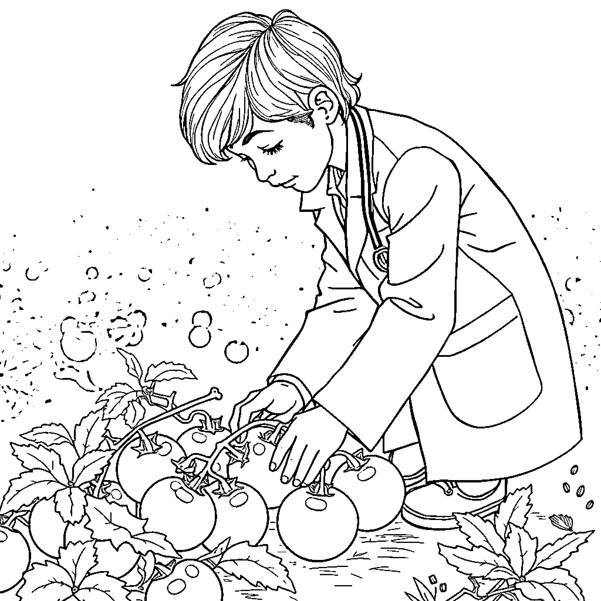 Doctor examining vegetables in the garden Coloring Page (free black-and-white line drawing printable PDF for all, from beginners to advanced learners, including children, teens, adults, and seniors)