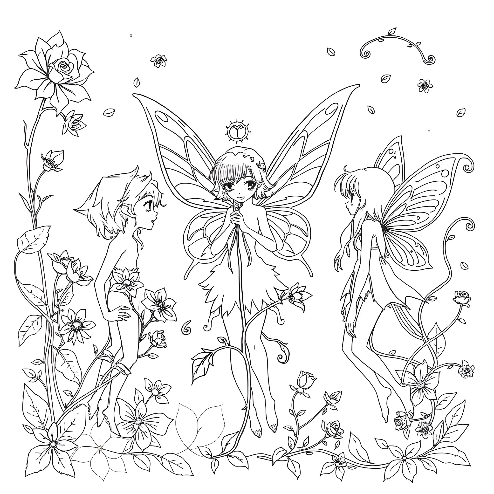 Fairy Fantasia: Whimsical Woodland Sprites Coloring Page (free black-and-white line drawing printable PDF for all, from beginners to advanced learners, including children, teens, adults, and seniors)
