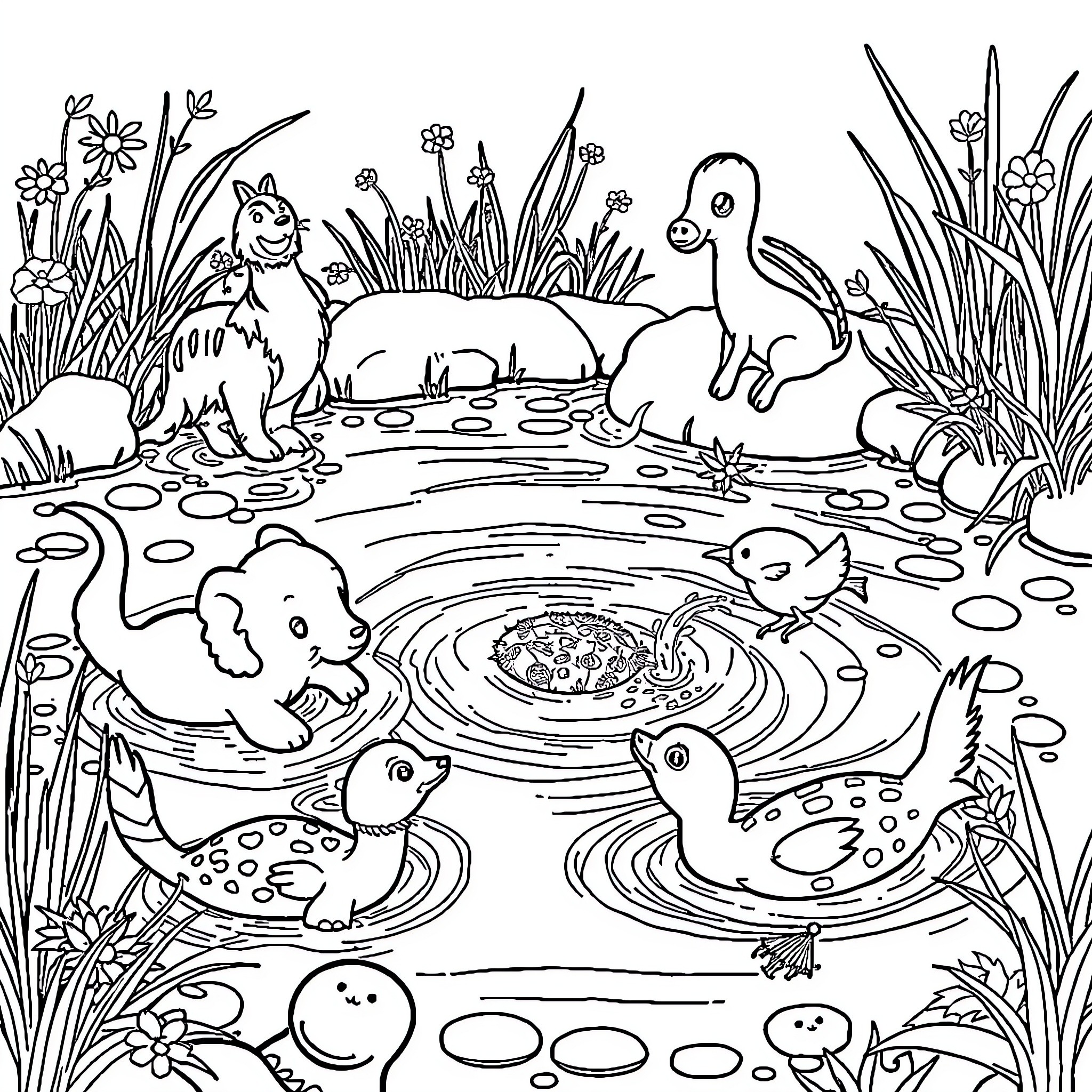 Animal friends playing by the pond Coloring Page (free black-and-white line drawing printable PDF for all, from beginners to advanced learners, including children, teens, adults, and seniors)