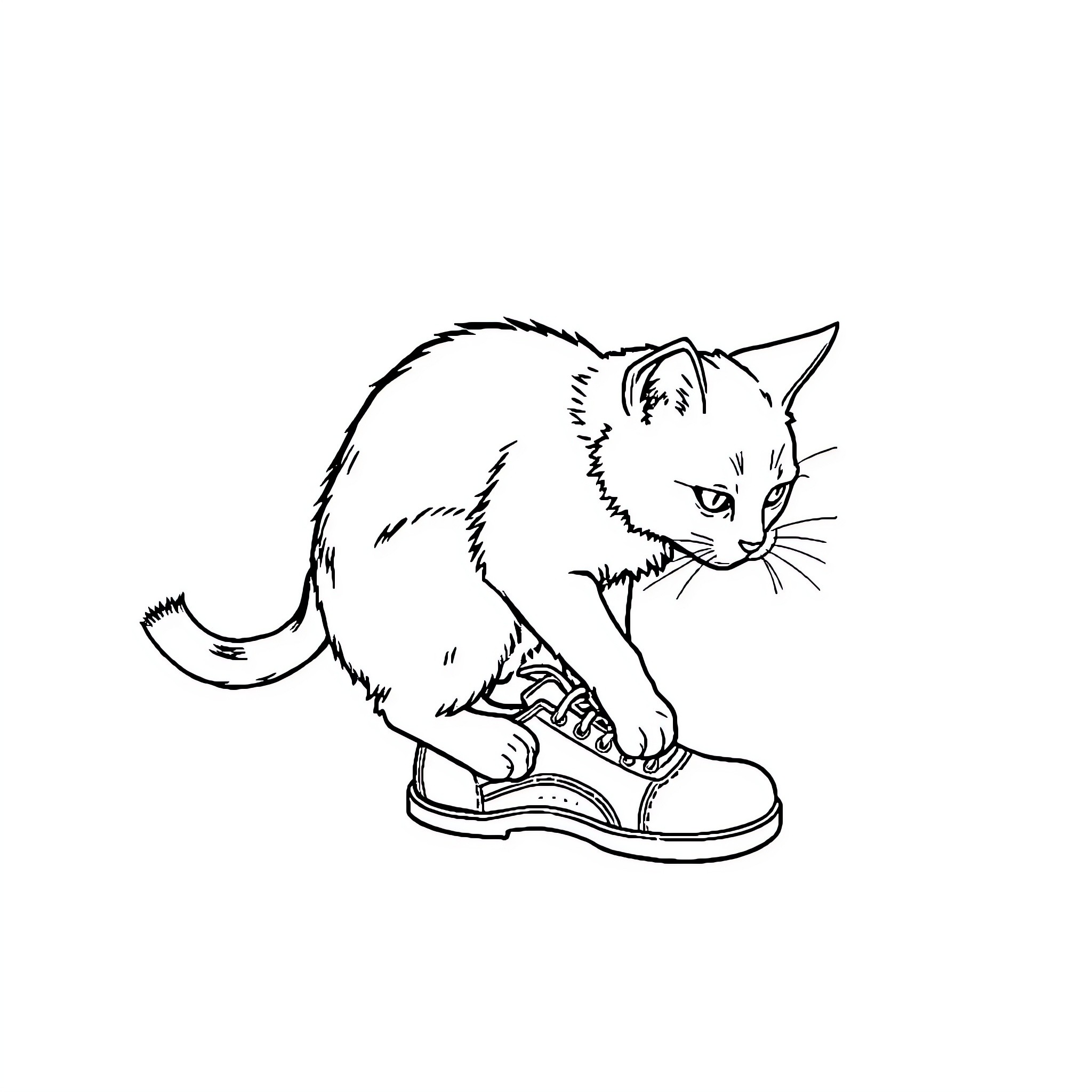 Cat exploring a shoe Coloring Page (free black-and-white line drawing printable PDF for all, from beginners to advanced learners, including children, teens, adults, and seniors)