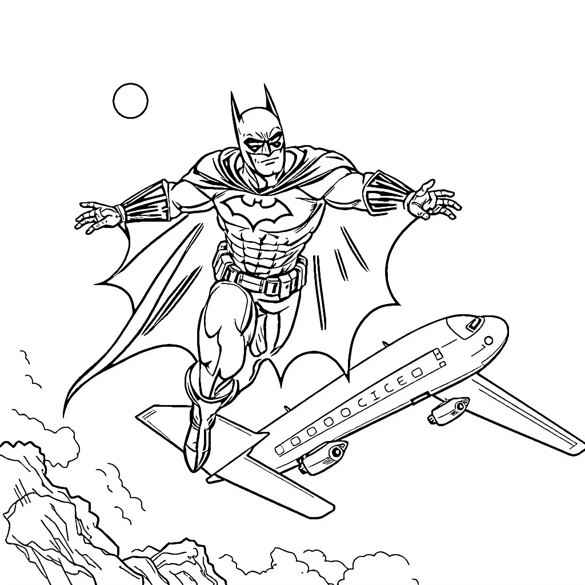 Bat Man soaring above the clouds on an aircraft Coloring Page (free black-and-white line drawing printable PDF for all, from beginners to advanced learners, including children, teens, adults, and seniors)