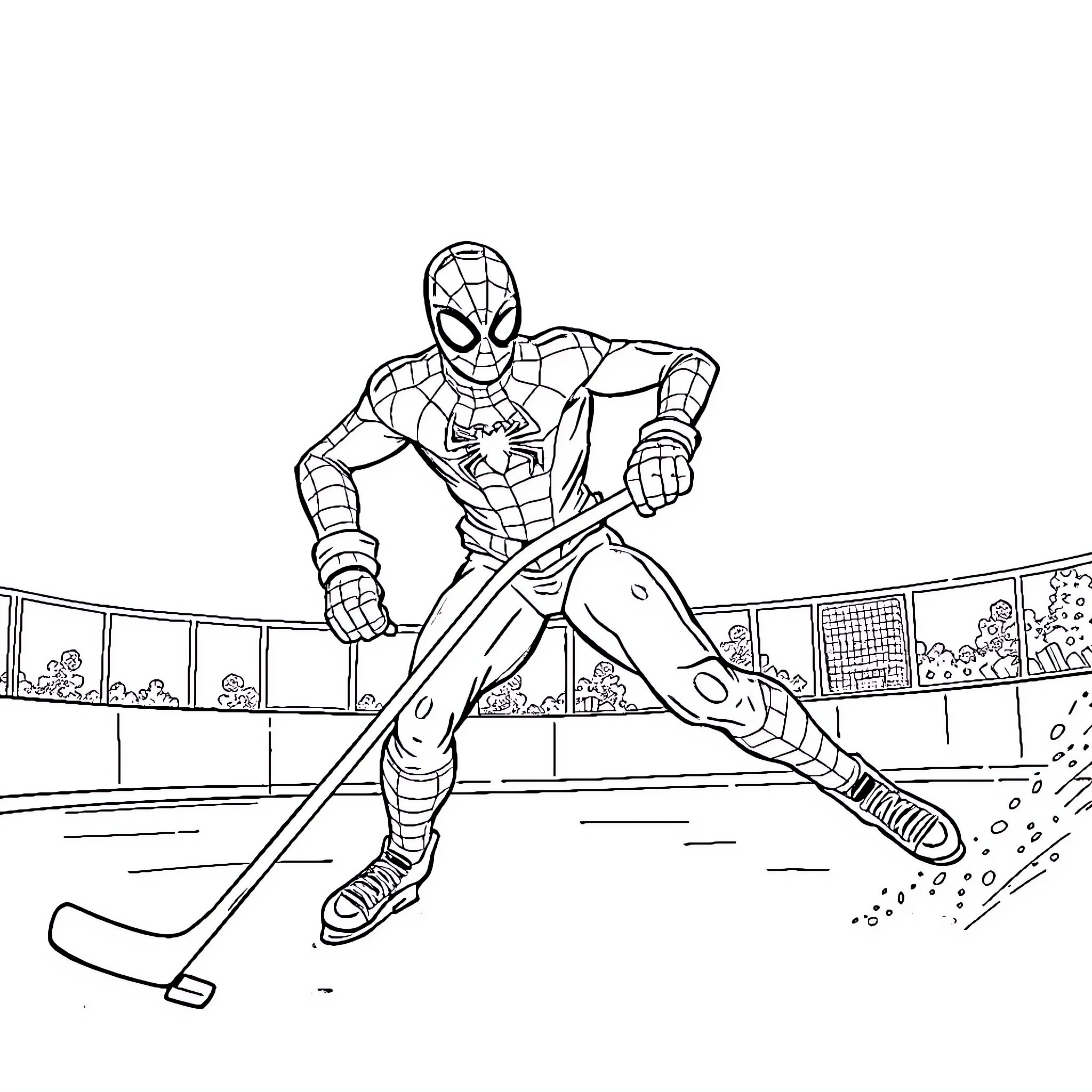 Spiderman playing ice hockey on the rink Coloring Page (free black-and-white line drawing printable PDF for all, from beginners to advanced learners, including children, teens, adults, and seniors)