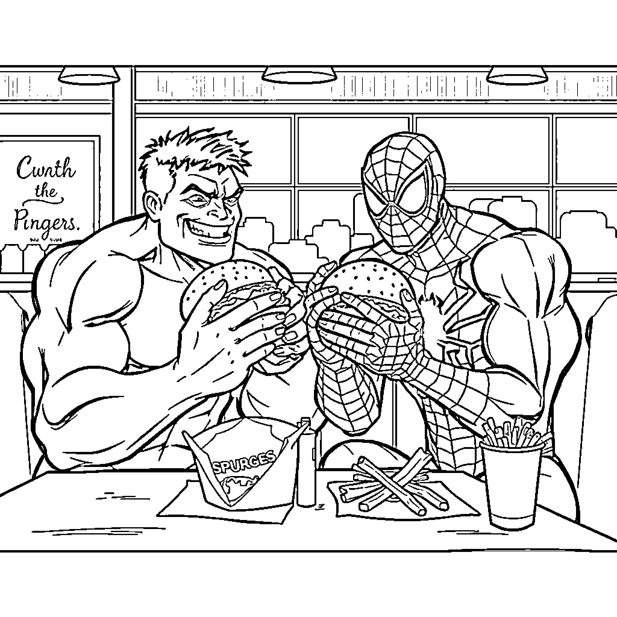 Hulk and Spider-Man Sharing a Meal in Diner Coloring Page (free black-and-white line drawing printable PDF for all, from beginners to advanced learners, including children, teens, adults, and seniors)