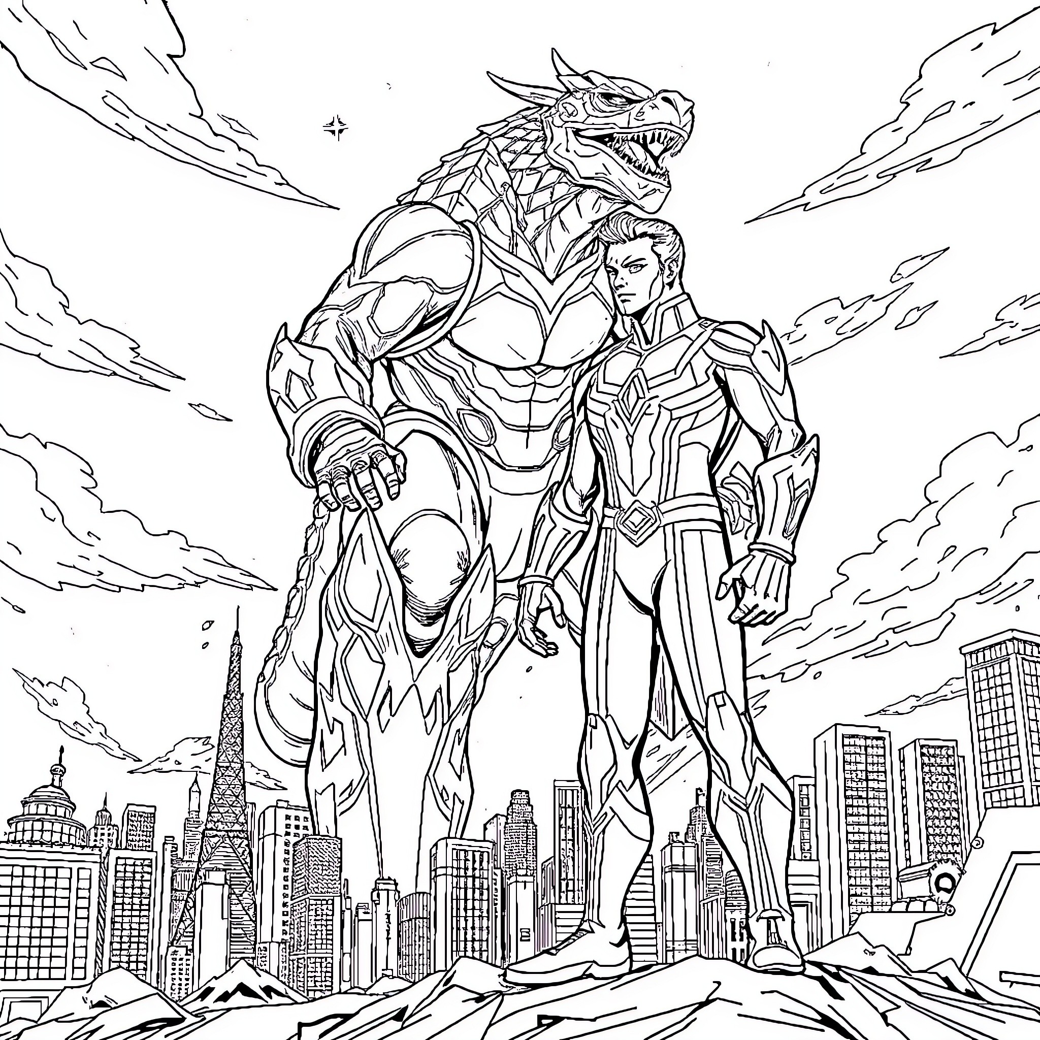 Ultraman and Giant Monster Battle in the City Coloring Page (free black-and-white line drawing printable PDF for all, from beginners to advanced learners, including children, teens, adults, and seniors)