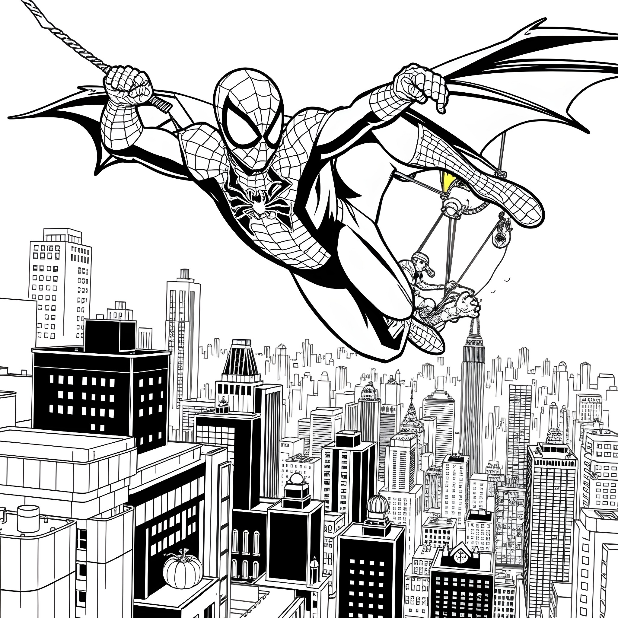 Spider-Man swinging heroically over the city skyline Coloring Page (free black-and-white line drawing printable PDF for all, from beginners to advanced learners, including children, teens, adults, and seniors)