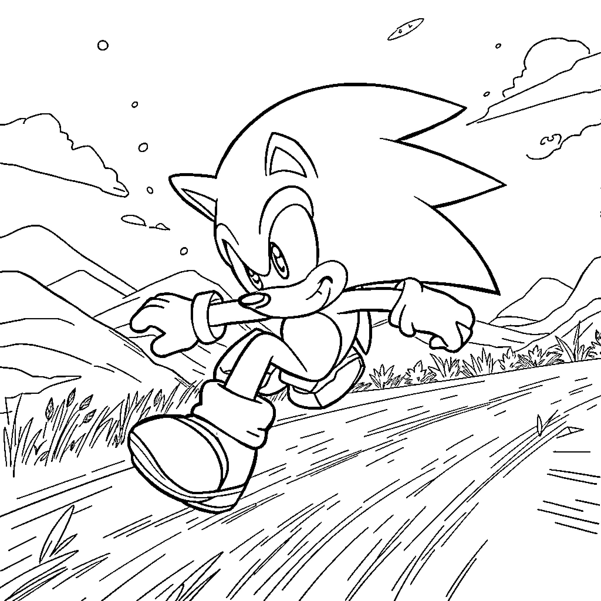 Sonic running through a scenic outdoor landscape Coloring Page (free black-and-white line drawing printable PDF for all, from beginners to advanced learners, including children, teens, adults, and seniors)