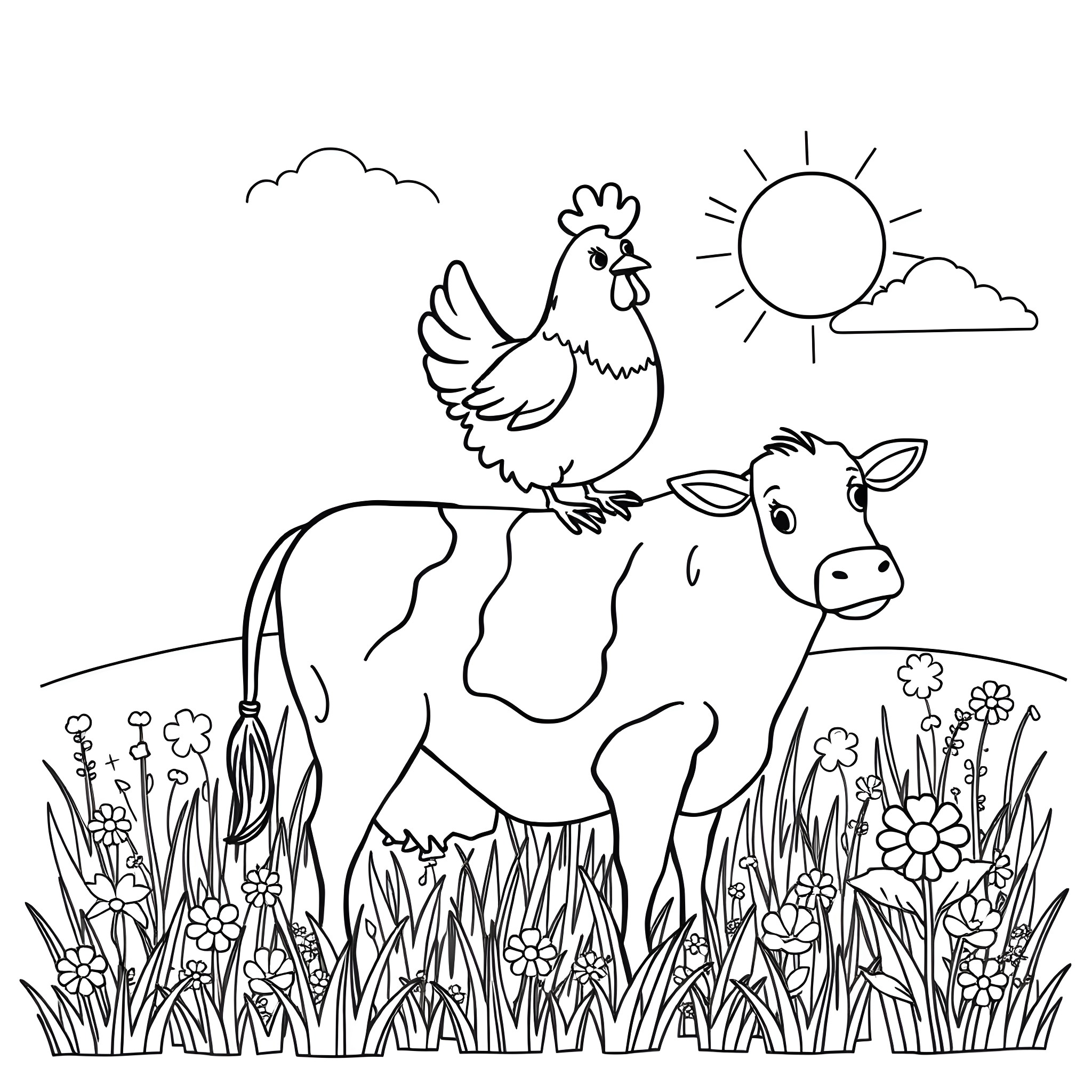Chicken and Cow in Sunny Farm Field Coloring Page (free black-and-white line drawing printable PDF for all, from beginners to advanced learners, including children, teens, adults, and seniors)