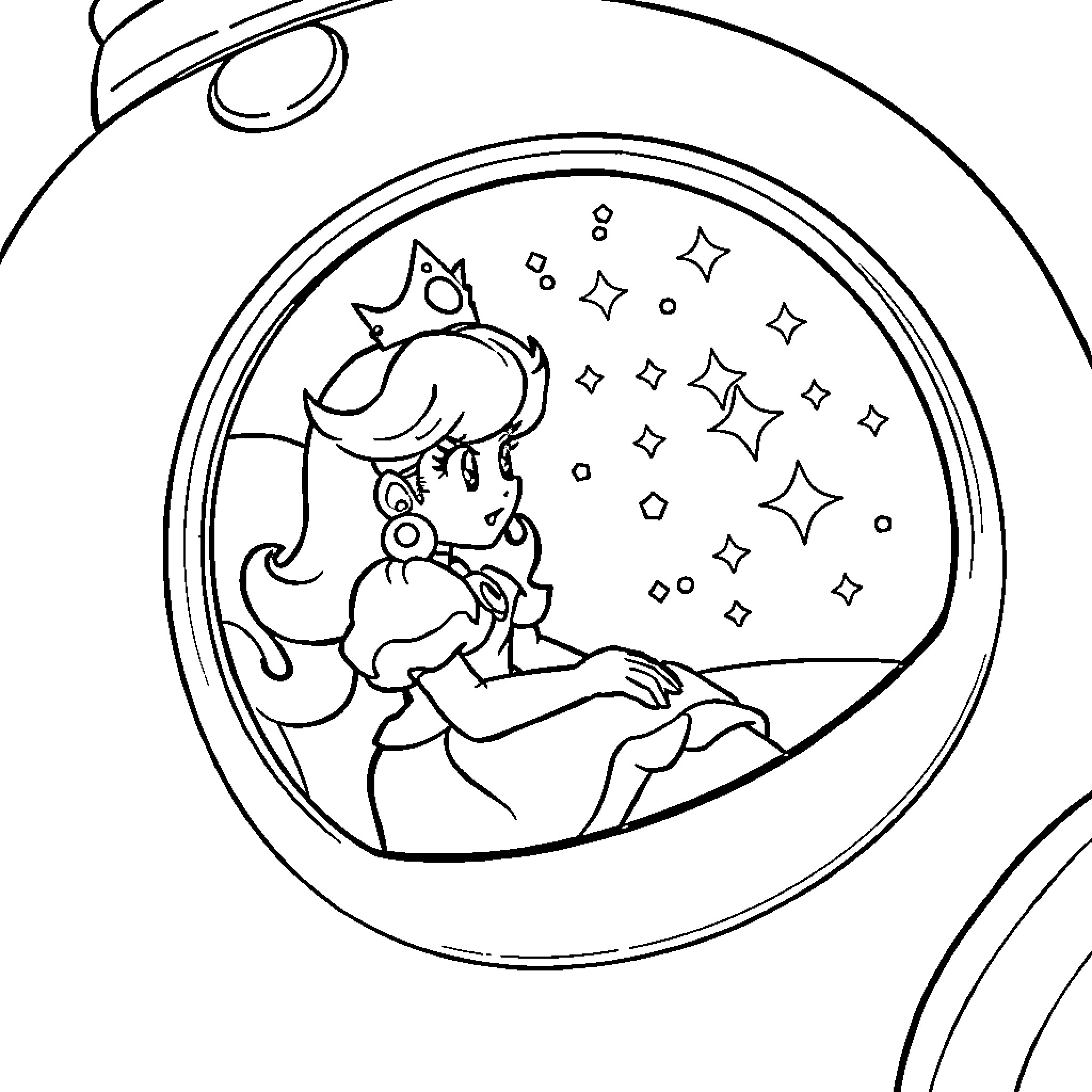 Princess Enchanted by Sparkling Lights Coloring Page (free black-and-white line drawing printable PDF for all, from beginners to advanced learners, including children, teens, adults, and seniors)