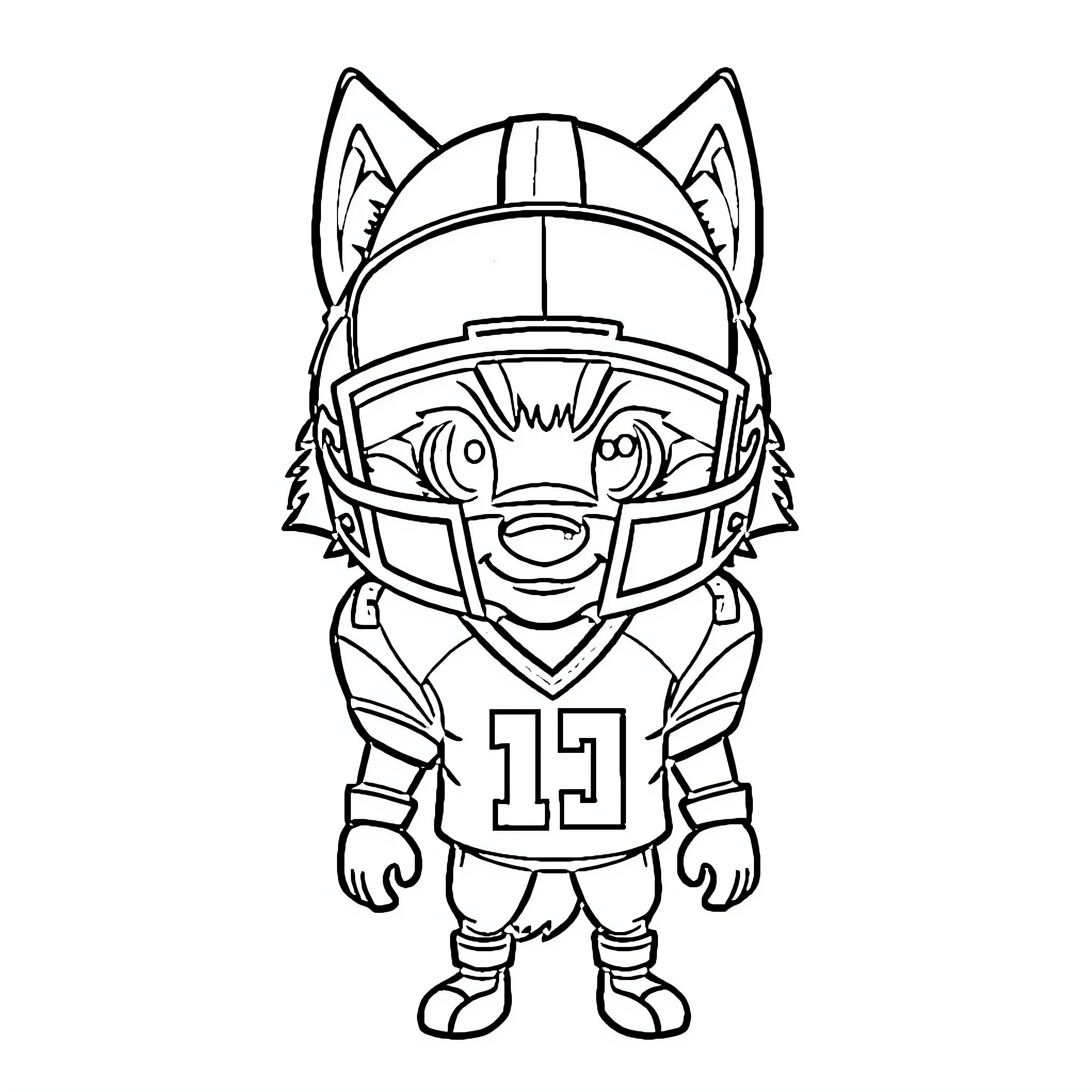 Wolf wearing football gear in uniform Coloring Page (free black-and-white line drawing printable PDF for all, from beginners to advanced learners, including children, teens, adults, and seniors)