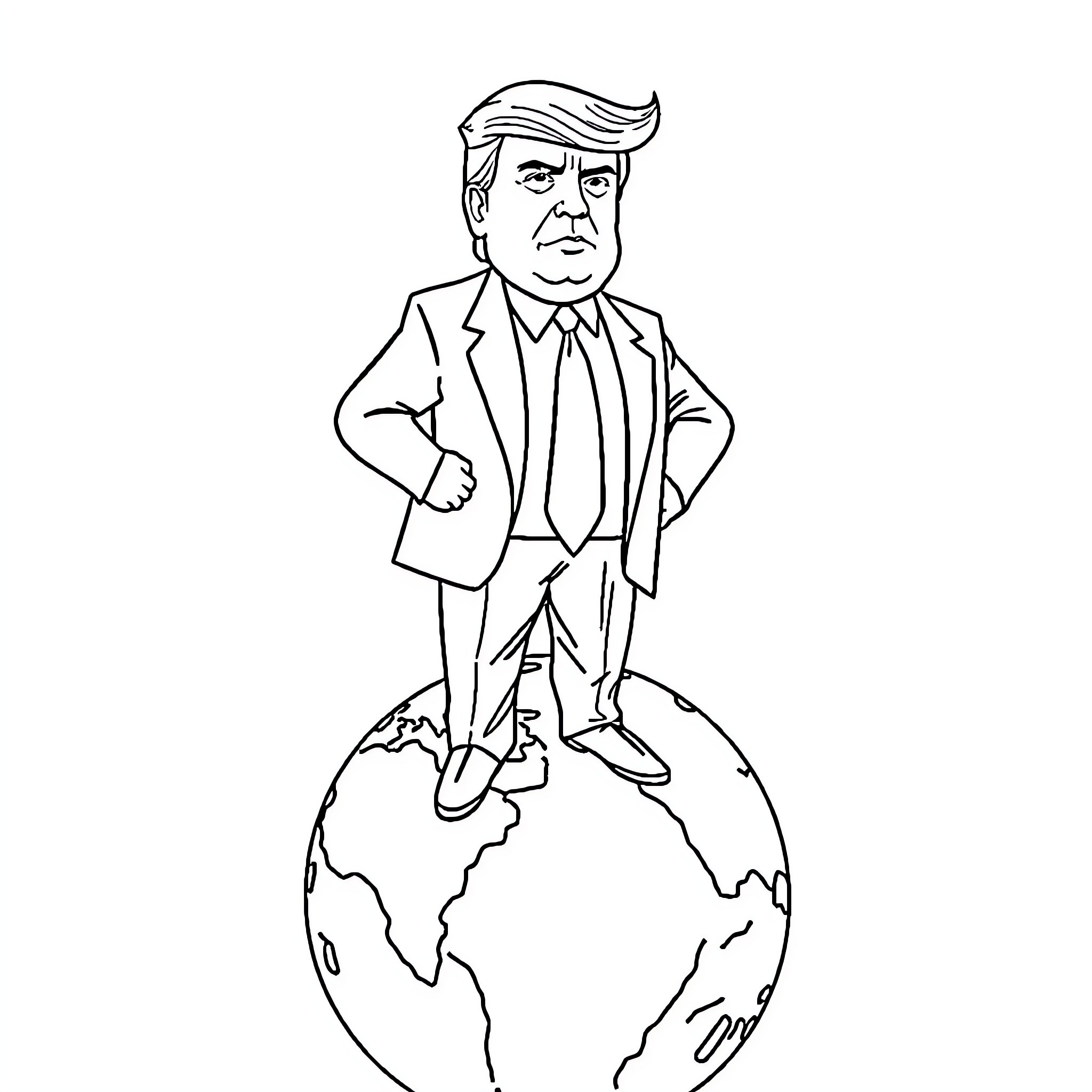 Donald Trump standing on the world Coloring Page (free black-and-white line drawing printable PDF for all, from beginners to advanced learners, including children, teens, adults, and seniors)