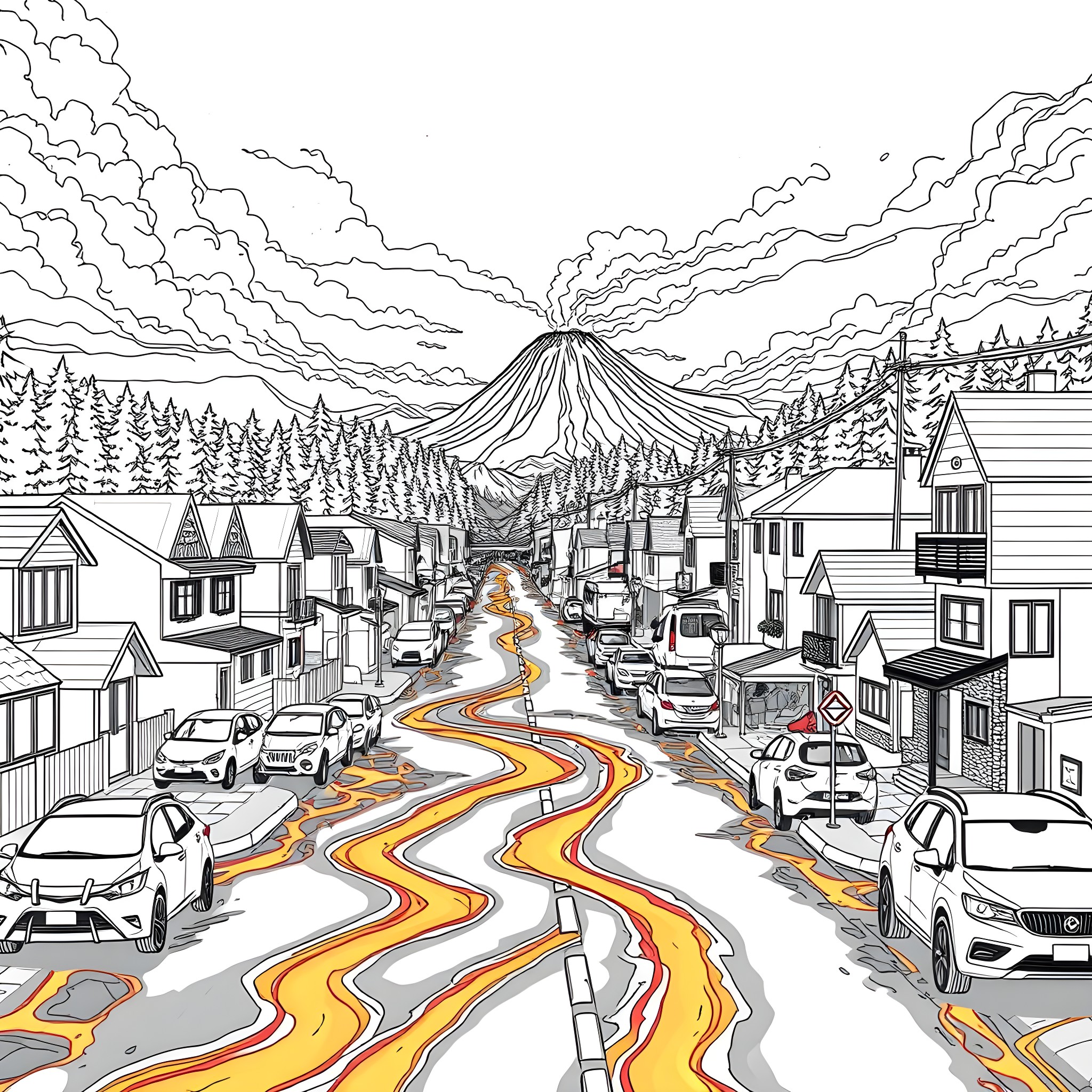 Volcano erupting in the distance over a small town Coloring Page (free black-and-white line drawing printable PDF for all, from beginners to advanced learners, including children, teens, adults, and seniors)
