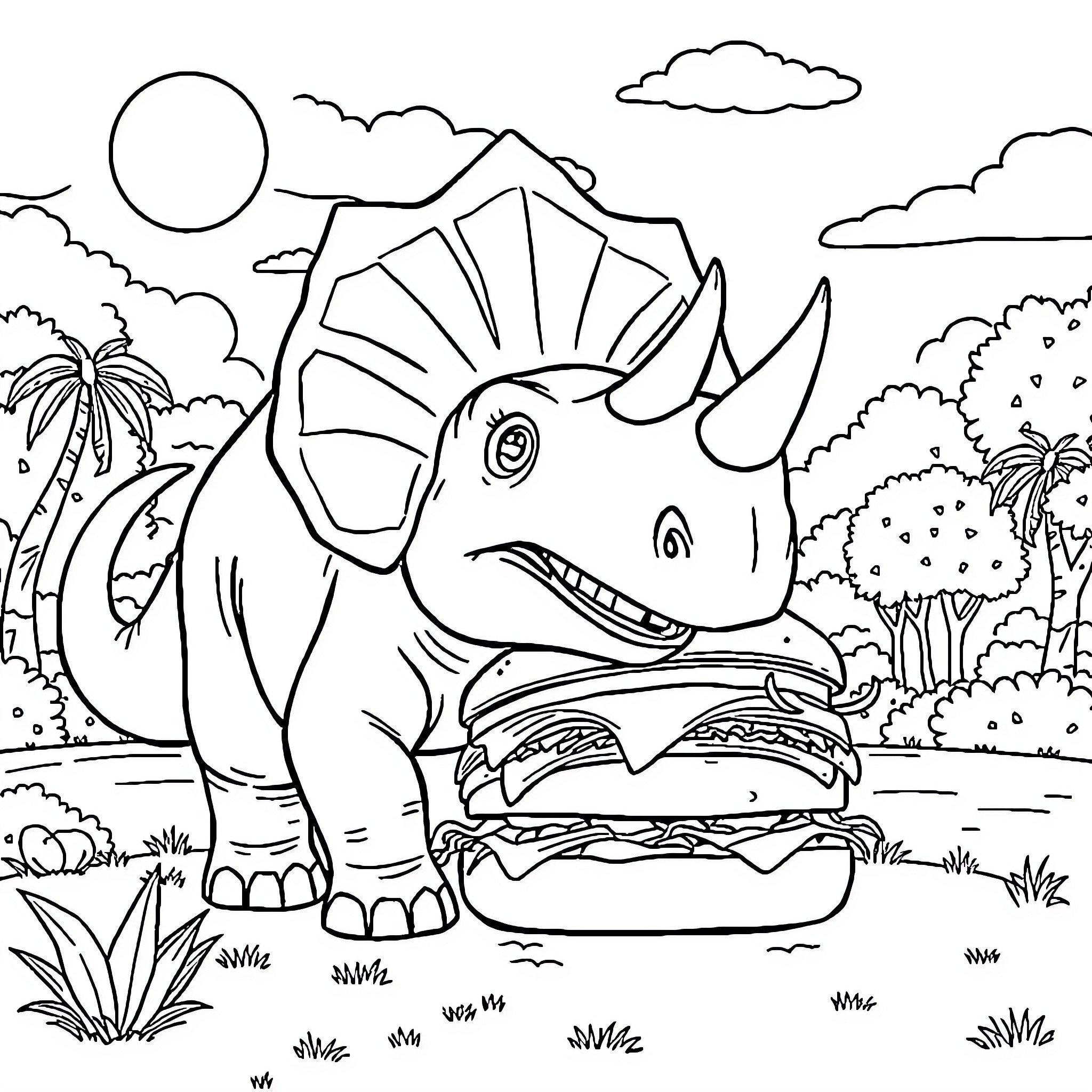 Triceratops enjoys a tasty snack in the jungle Coloring Page (free black-and-white line drawing printable PDF for all, from beginners to advanced learners, including children, teens, adults, and seniors)