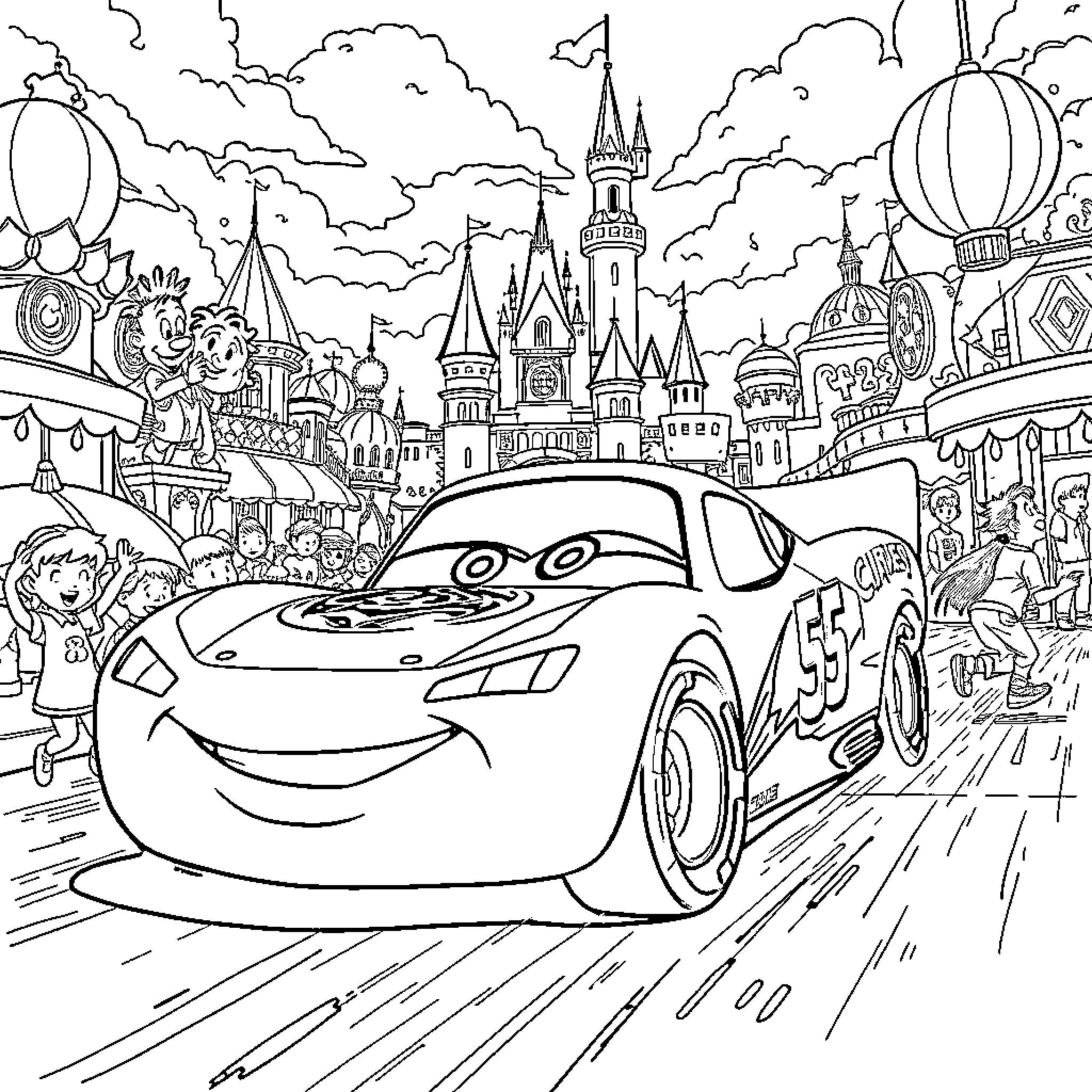Lightning McQueen racing through a fantastical theme park Coloring Page (free black-and-white line drawing printable PDF for all, from beginners to advanced learners, including children, teens, adults, and seniors)