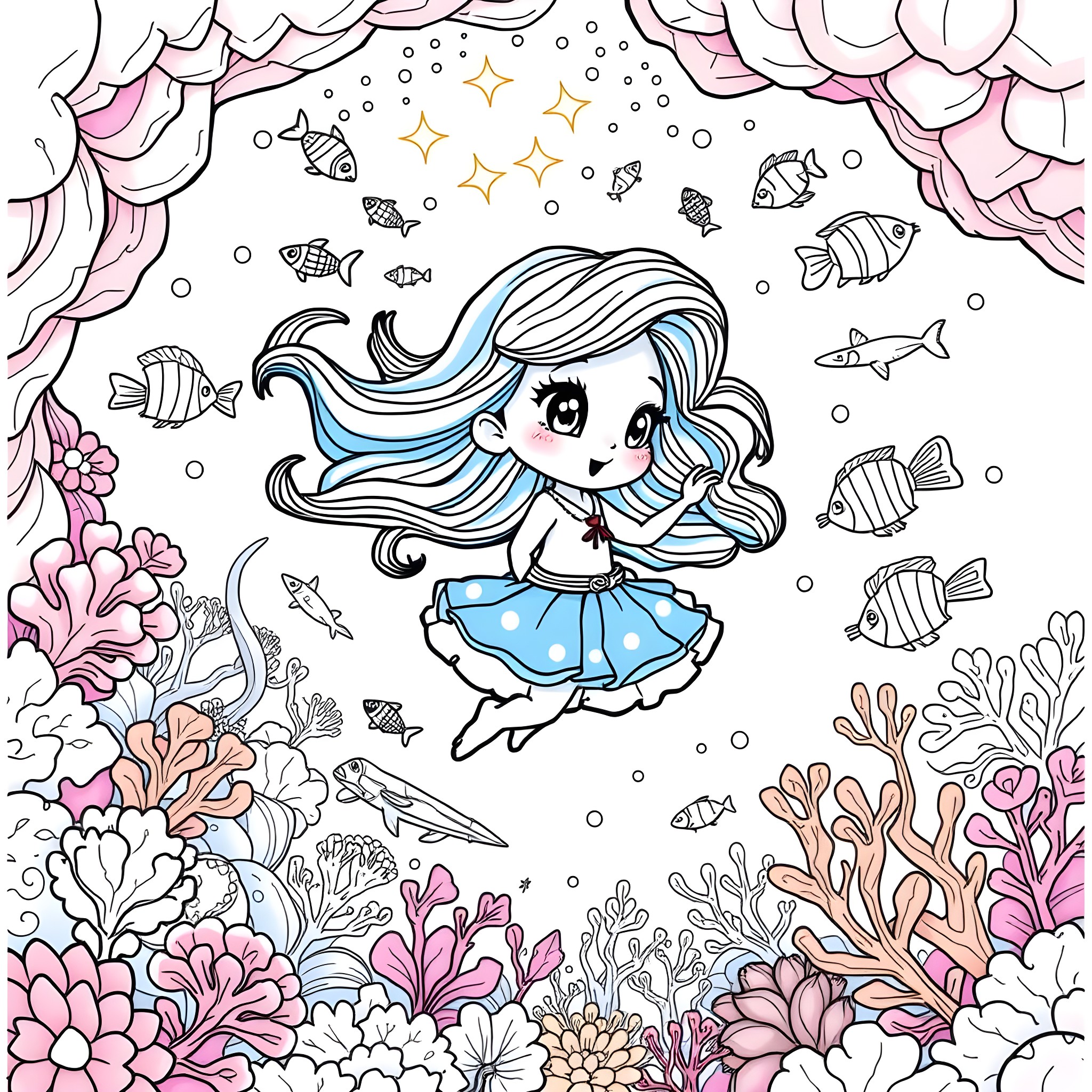 Bluey's Underwater Adventure Coloring Page (free black-and-white line drawing printable PDF for all, from beginners to advanced learners, including children, teens, adults, and seniors)
