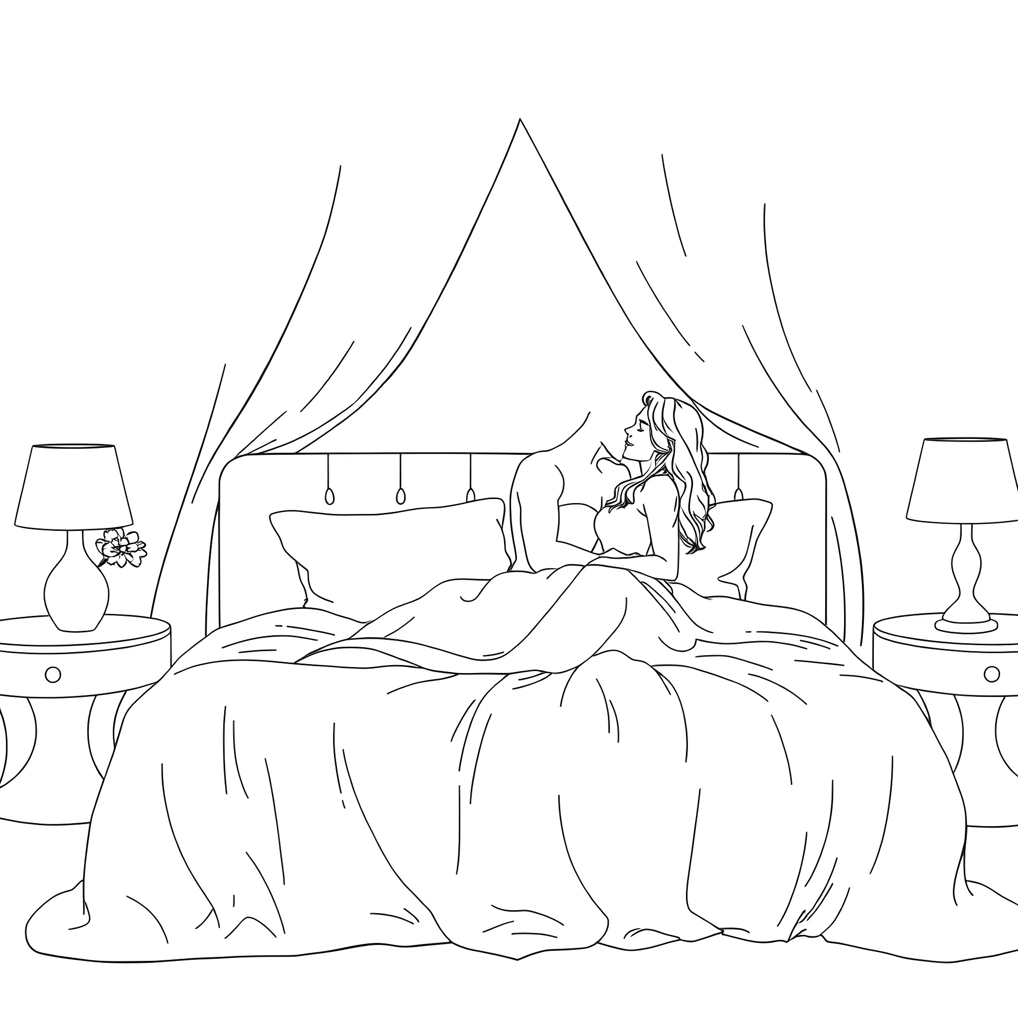 Bed with decorative curtains and figures Coloring Page (free black-and-white line drawing printable PDF for all, from beginners to advanced learners, including children, teens, adults, and seniors)