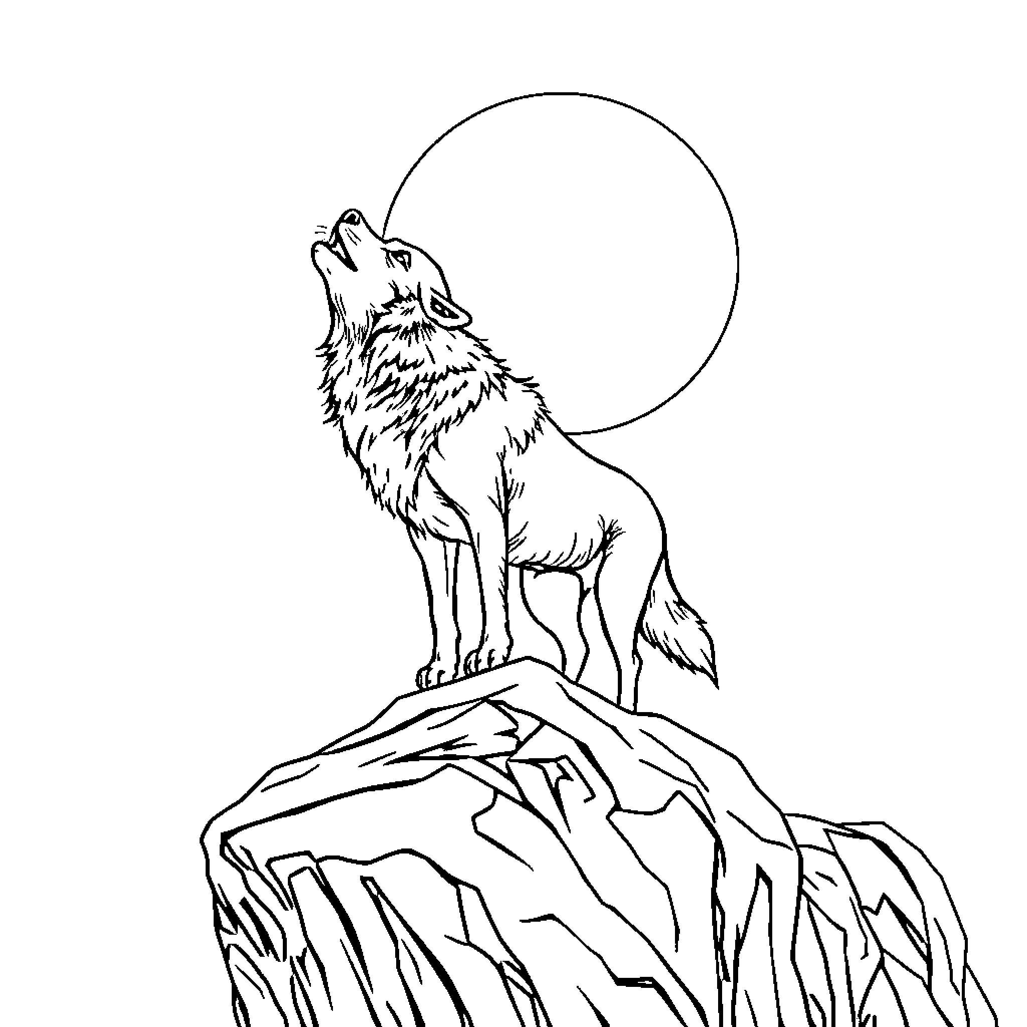 Wolf howling at the moon on a rocky cliff Coloring Page (free black-and-white line drawing printable PDF for all, from beginners to advanced learners, including children, teens, adults, and seniors)