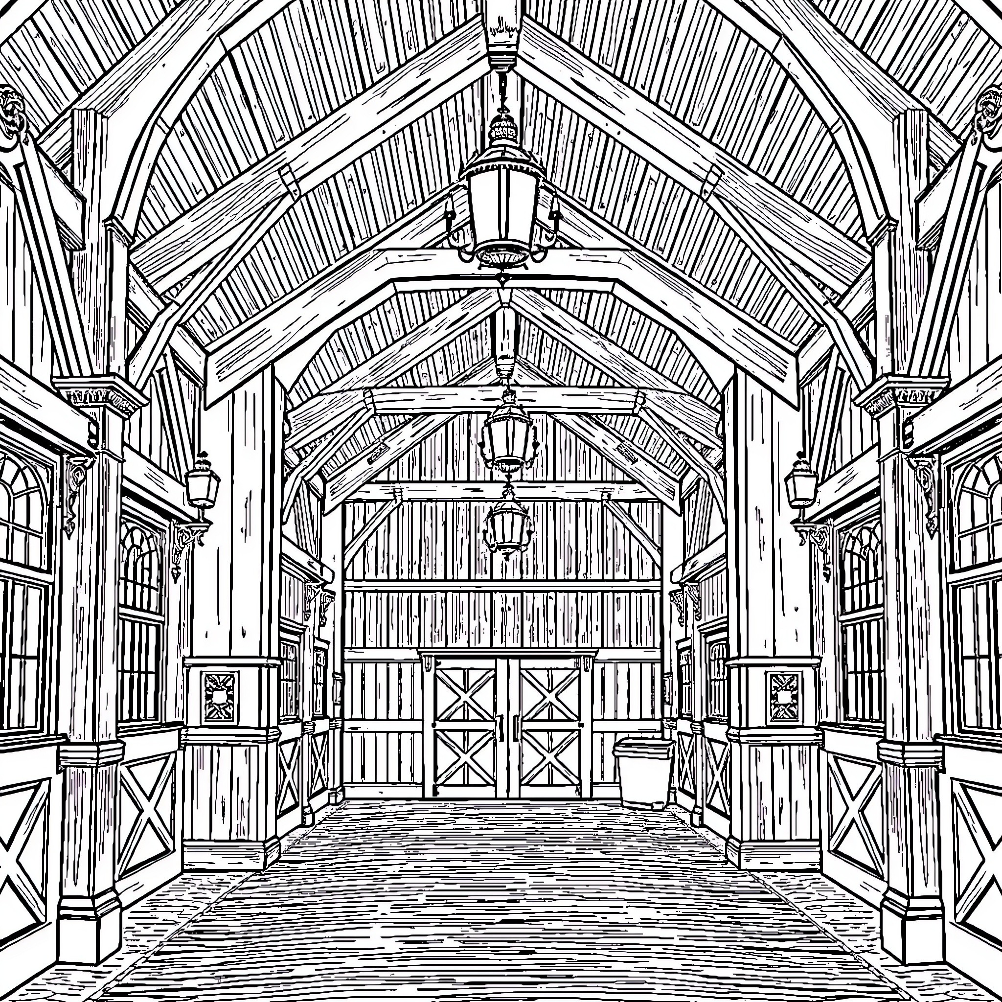 Horse-drawn carriage parked in an old wooden barn Coloring Page (free black-and-white line drawing printable PDF for all, from beginners to advanced learners, including children, teens, adults, and seniors)