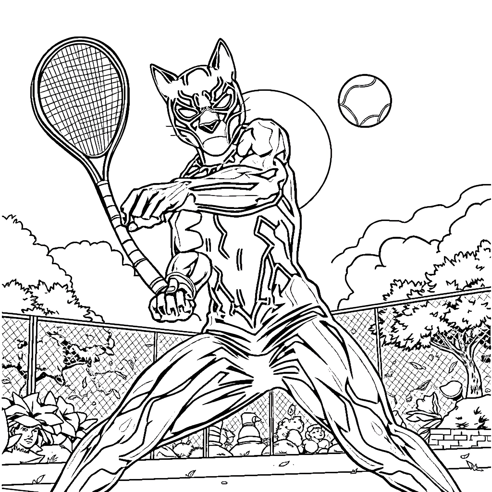 Panther tennis player ready to serve on the court Coloring Page (free black-and-white line drawing printable PDF for all, from beginners to advanced learners, including children, teens, adults, and seniors)