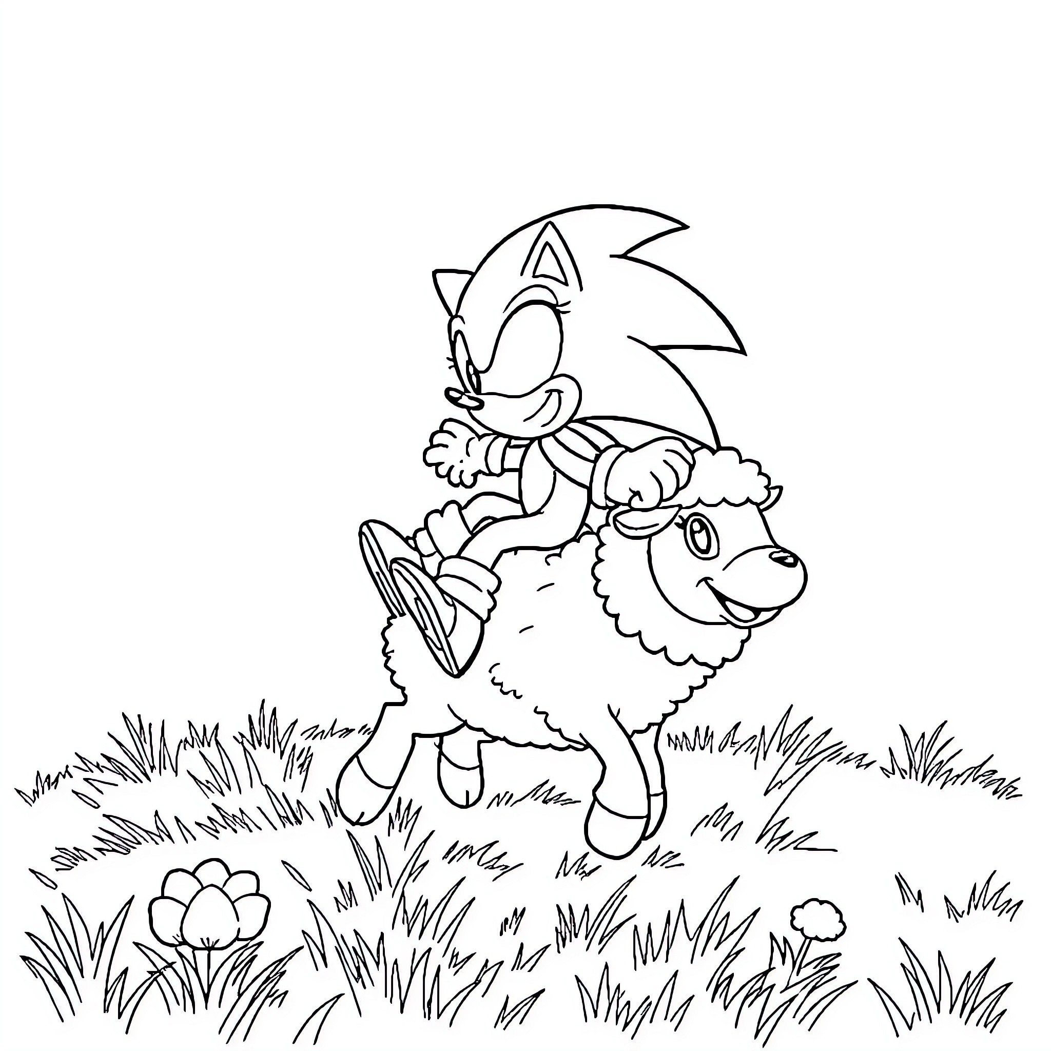 Sonic riding happily on a sheep through the meadow Coloring Page (free black-and-white line drawing printable PDF for all, from beginners to advanced learners, including children, teens, adults, and seniors)