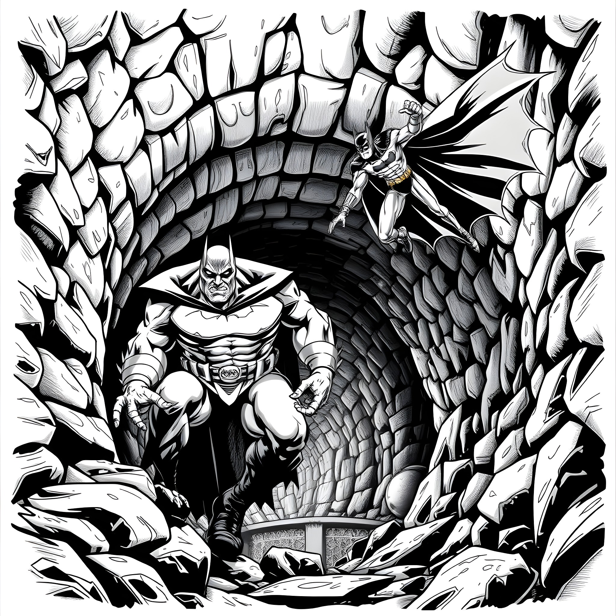 Solomon Grundy Battles the Caped Crusader in Arkham Asylum Coloring Page (free black-and-white line drawing printable PDF for all, from beginners to advanced learners, including children, teens, adults, and seniors)
