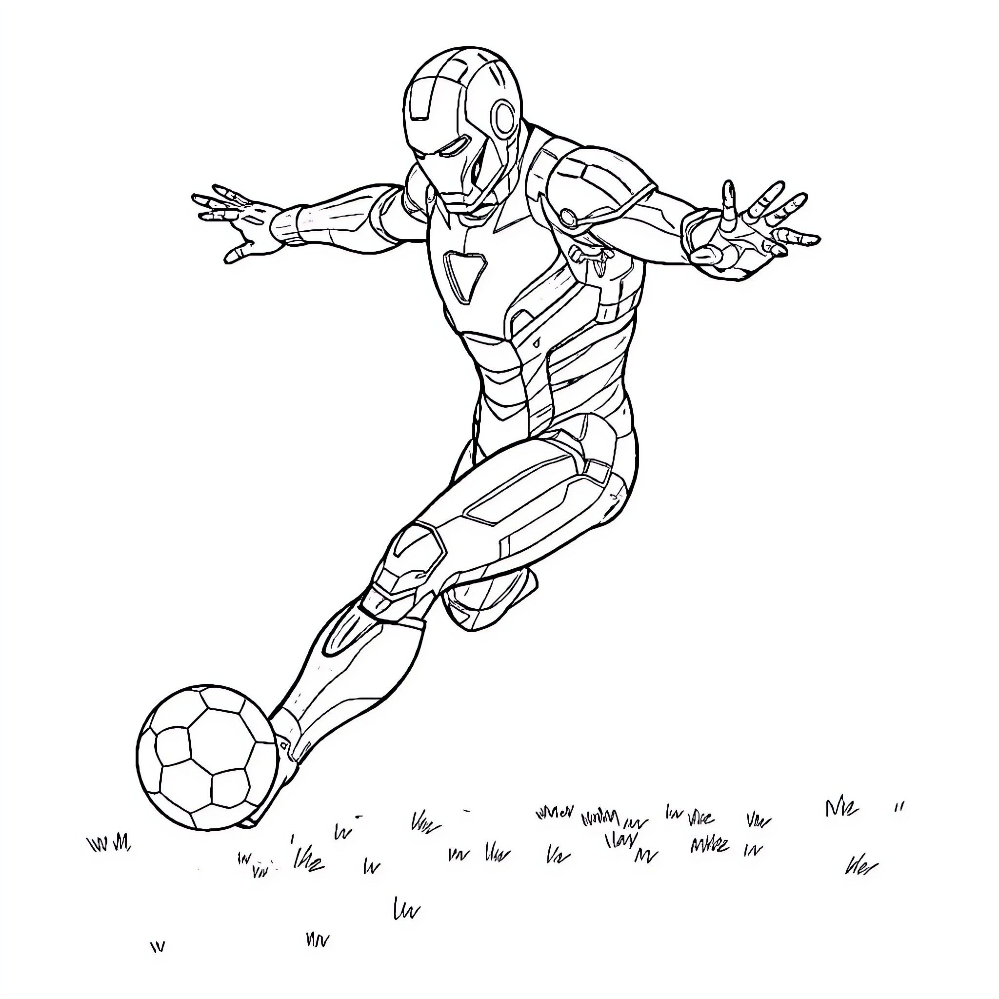 Ironman in action, kicking a soccer ball Coloring Page (free black-and-white line drawing printable PDF for all, from beginners to advanced learners, including children, teens, adults, and seniors)