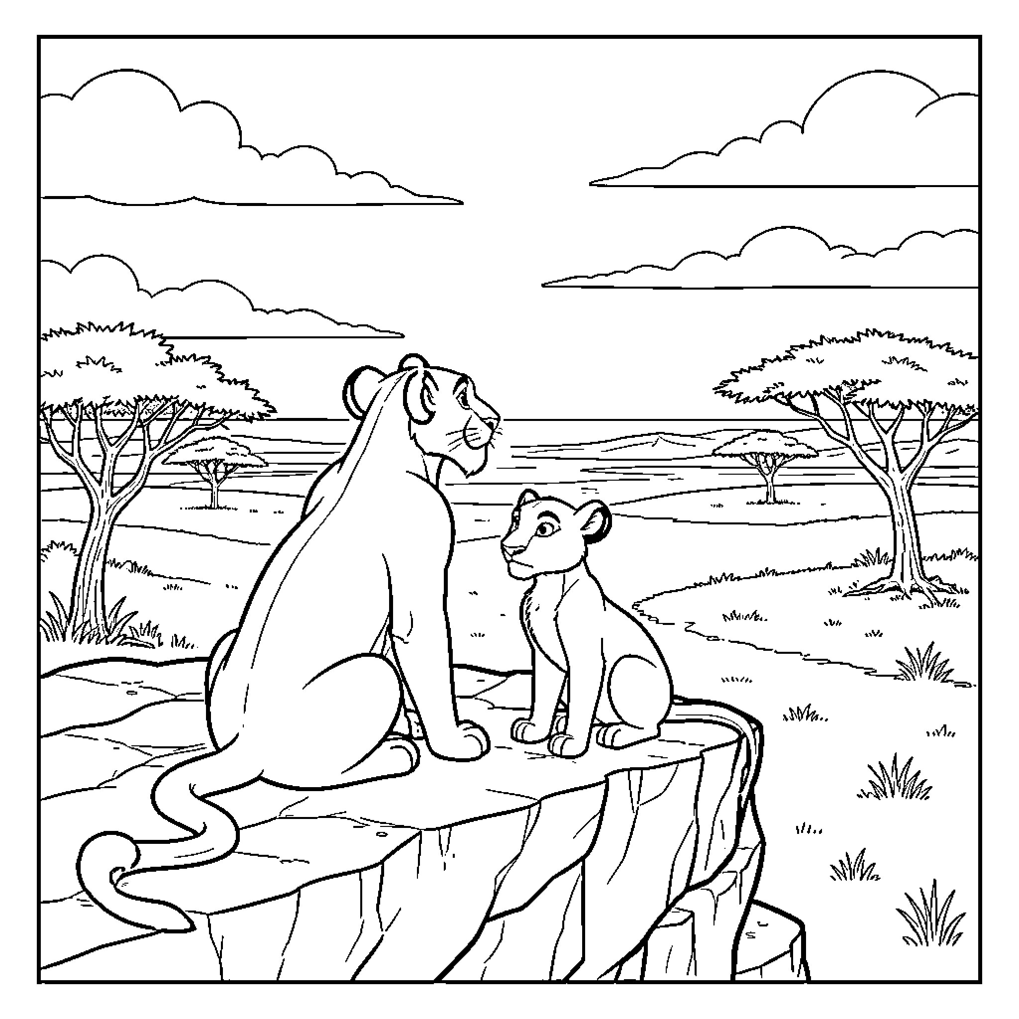 Simba and mother sitting together on a cliffside Coloring Page (free black-and-white line drawing printable PDF for all, from beginners to advanced learners, including children, teens, adults, and seniors)