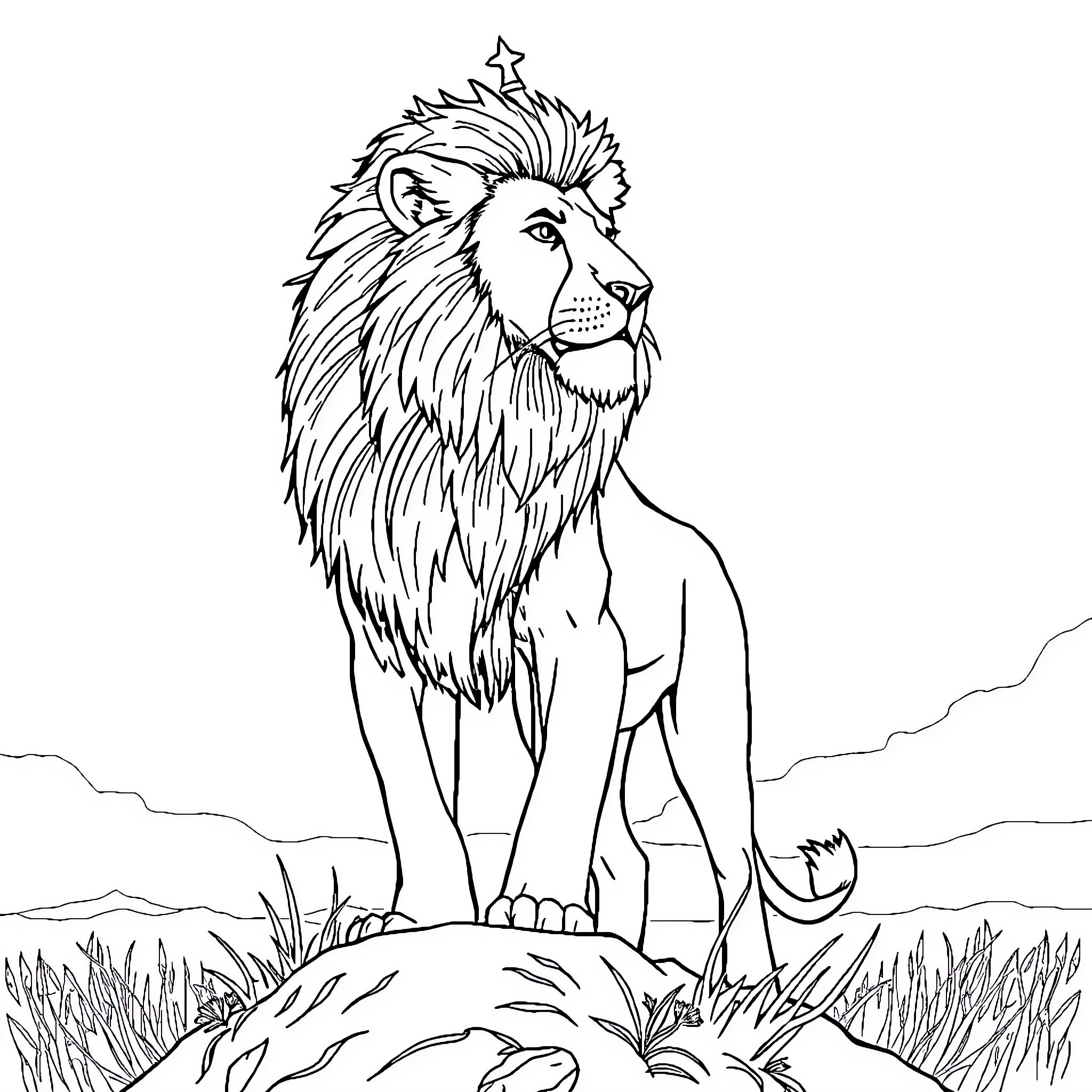 Lion standing proudly on rocky terrain Coloring Page (free black-and-white line drawing printable PDF for all, from beginners to advanced learners, including children, teens, adults, and seniors)