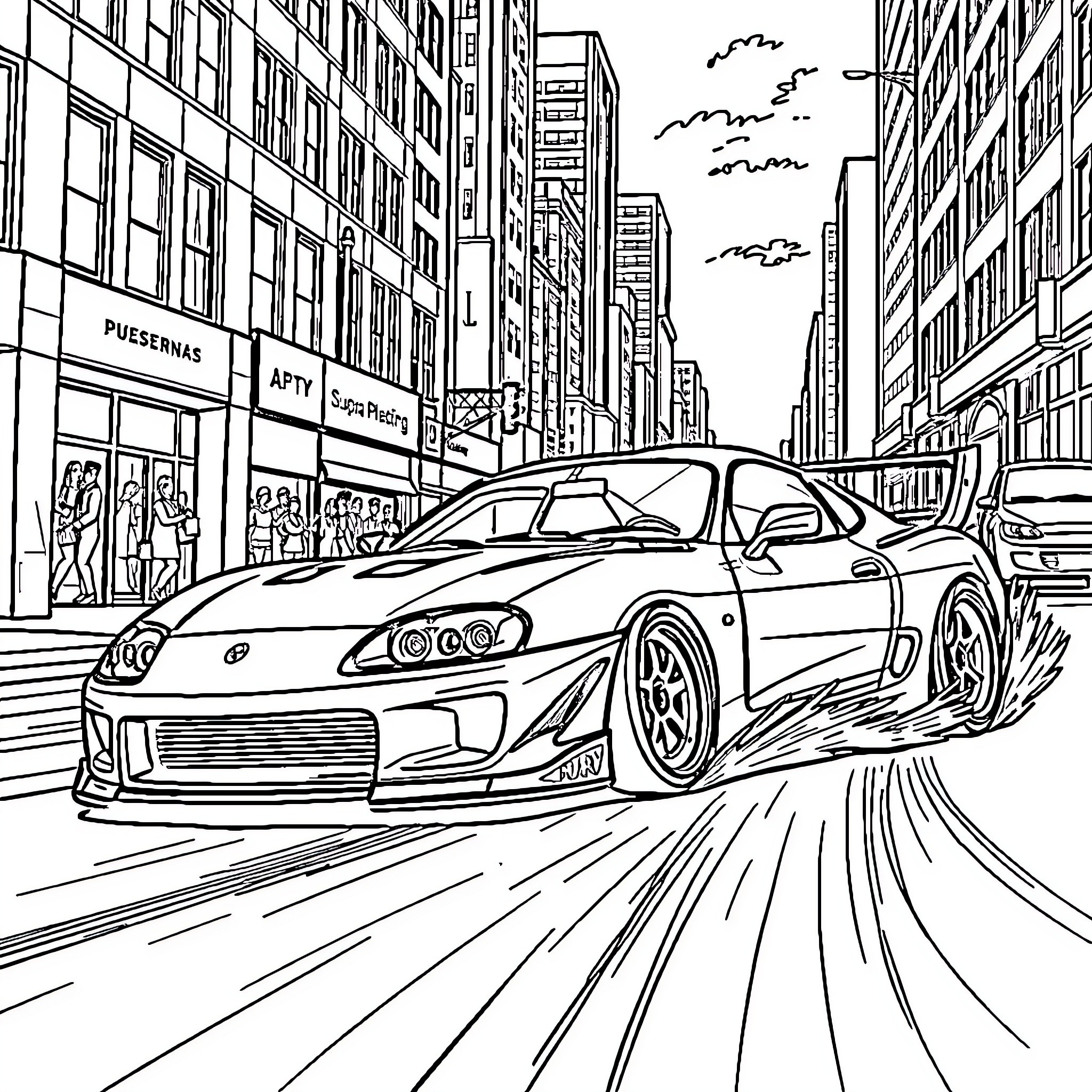 Supra speeding through busy city streets Coloring Page (free black-and-white line drawing printable PDF for all, from beginners to advanced learners, including children, teens, adults, and seniors)