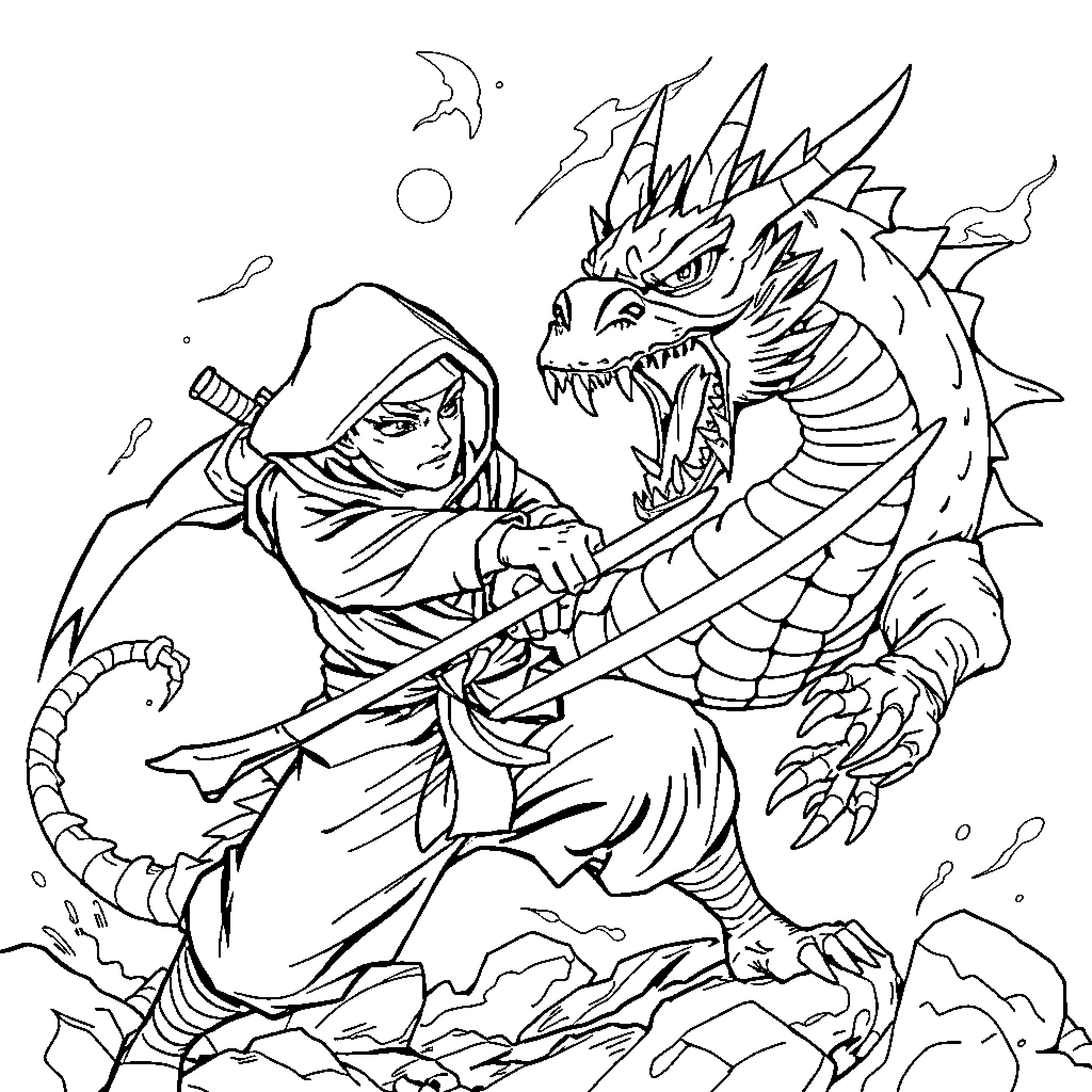 Ninja confronts ferocious dragon in action-packed scene Coloring Page (free black-and-white line drawing printable PDF for all, from beginners to advanced learners, including children, teens, adults, and seniors)