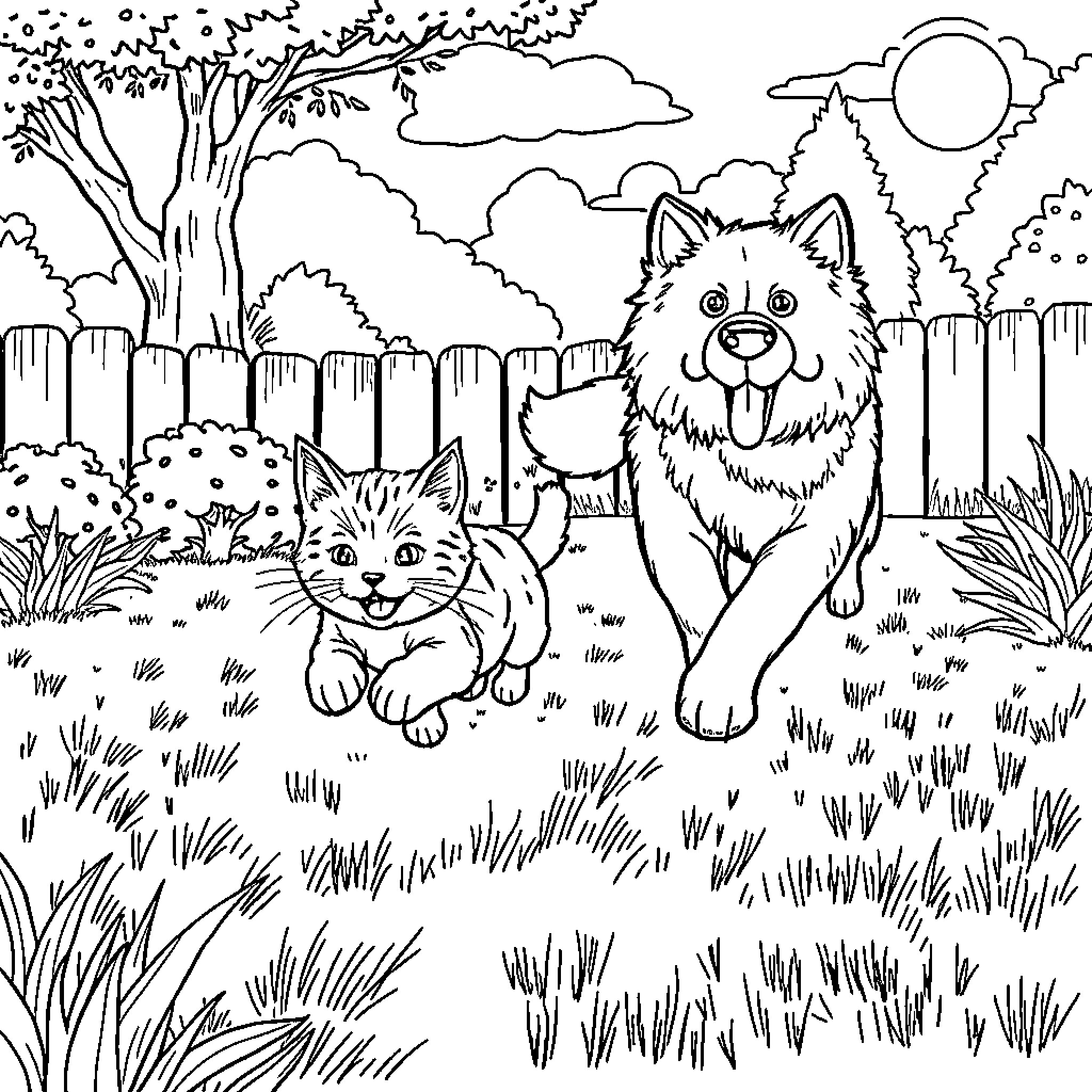 Cat Friends in the Backyard Coloring Page (free black-and-white line drawing printable PDF for all, from beginners to advanced learners, including children, teens, adults, and seniors)