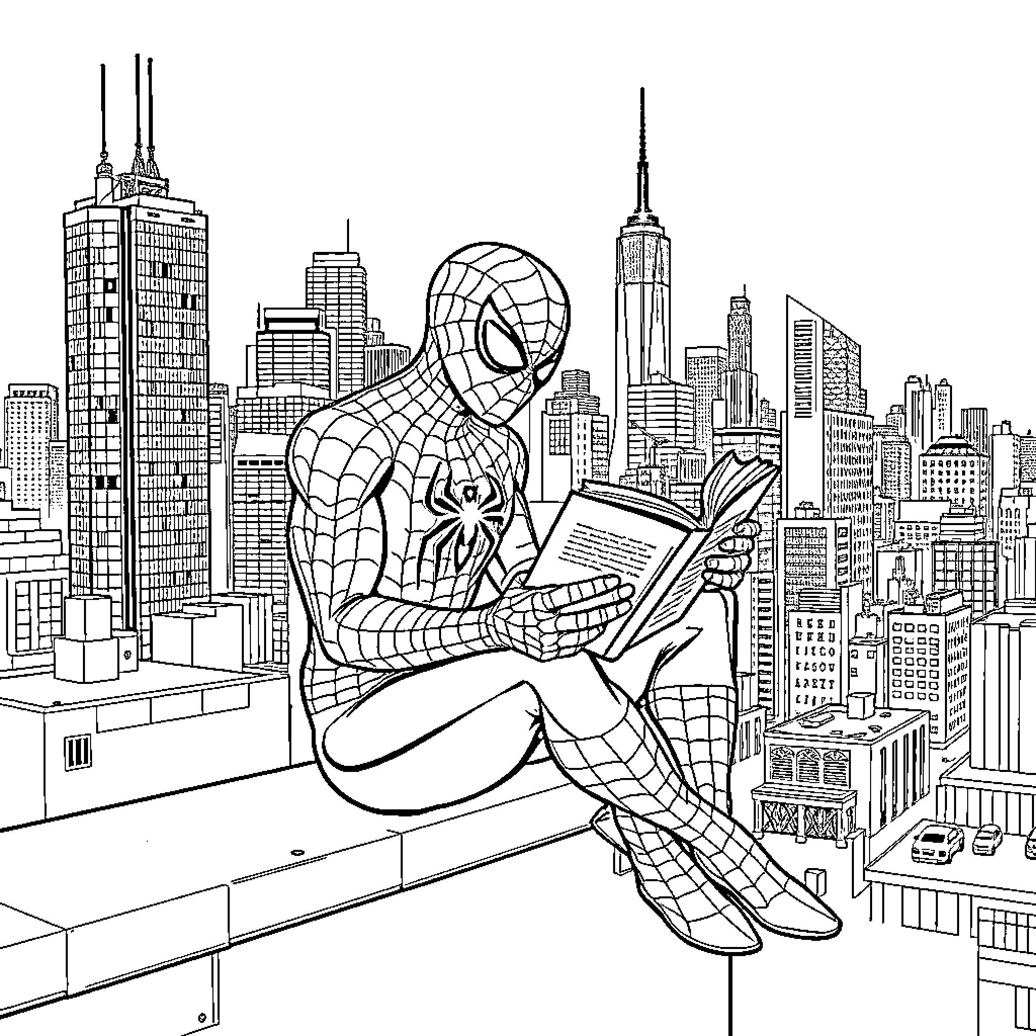 Spiderman reading book on city rooftop Coloring Page (free black-and-white line drawing printable PDF for all, from beginners to advanced learners, including children, teens, adults, and seniors)