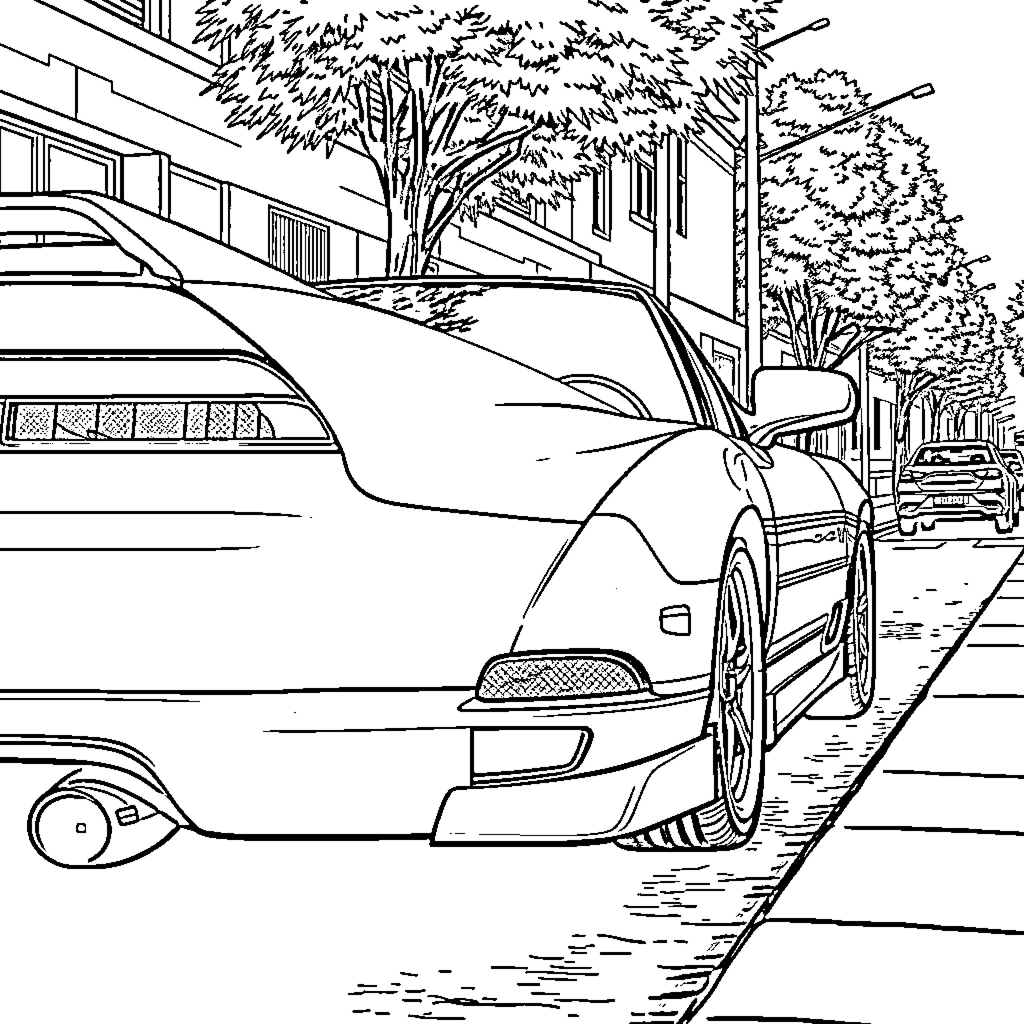 Honda sports car on a suburban street Coloring Page (free black-and-white line drawing printable PDF for all, from beginners to advanced learners, including children, teens, adults, and seniors)