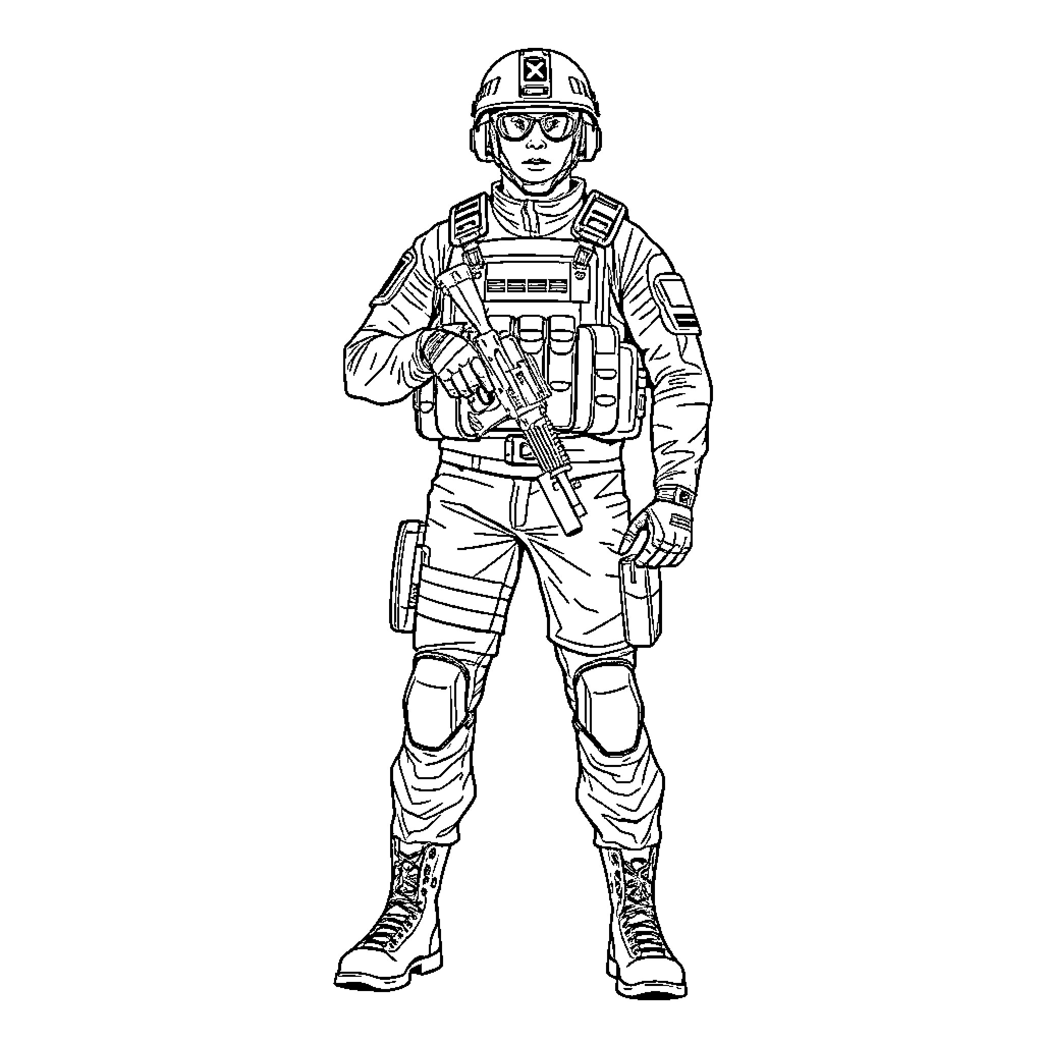 Soldier in tactical gear and equipment Coloring Page (free black-and-white line drawing printable PDF for all, from beginners to advanced learners, including children, teens, adults, and seniors)