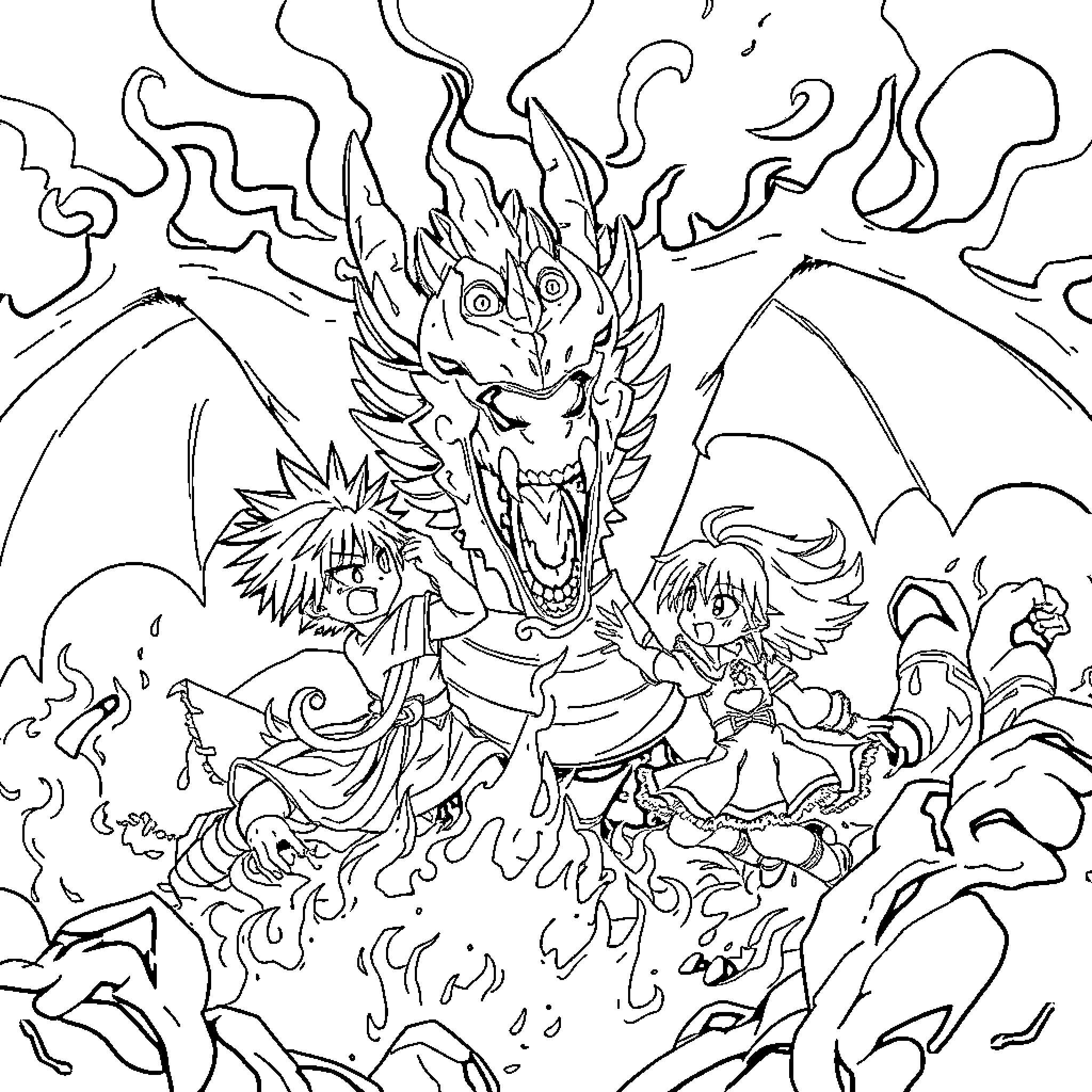 Natsu's Fiery Battle with Legendary Dragon Coloring Page (free black-and-white line drawing printable PDF for all, from beginners to advanced learners, including children, teens, adults, and seniors)