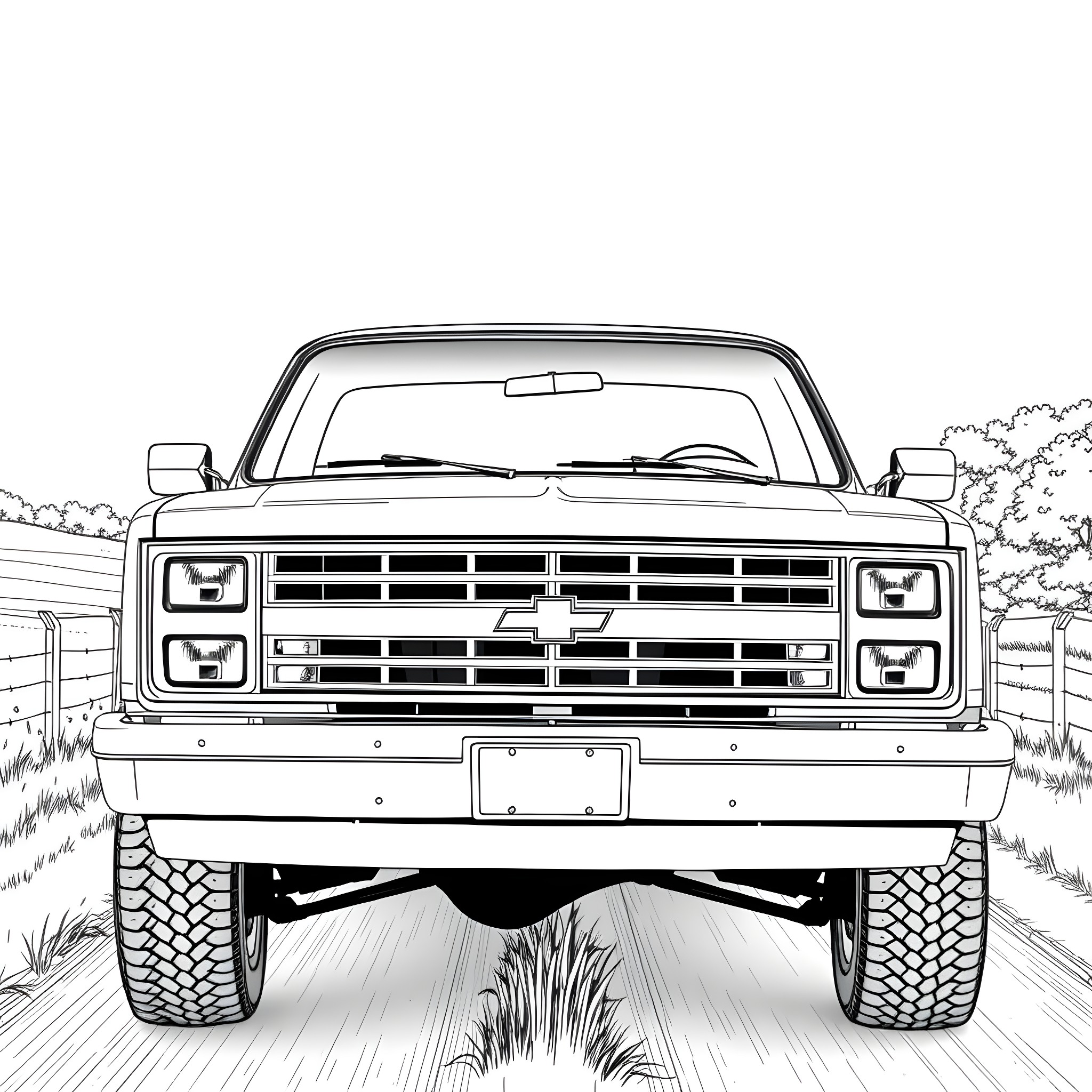 Chevy Truck parked off-road amid nature Coloring Page (free black-and-white line drawing printable PDF for all, from beginners to advanced learners, including children, teens, adults, and seniors)