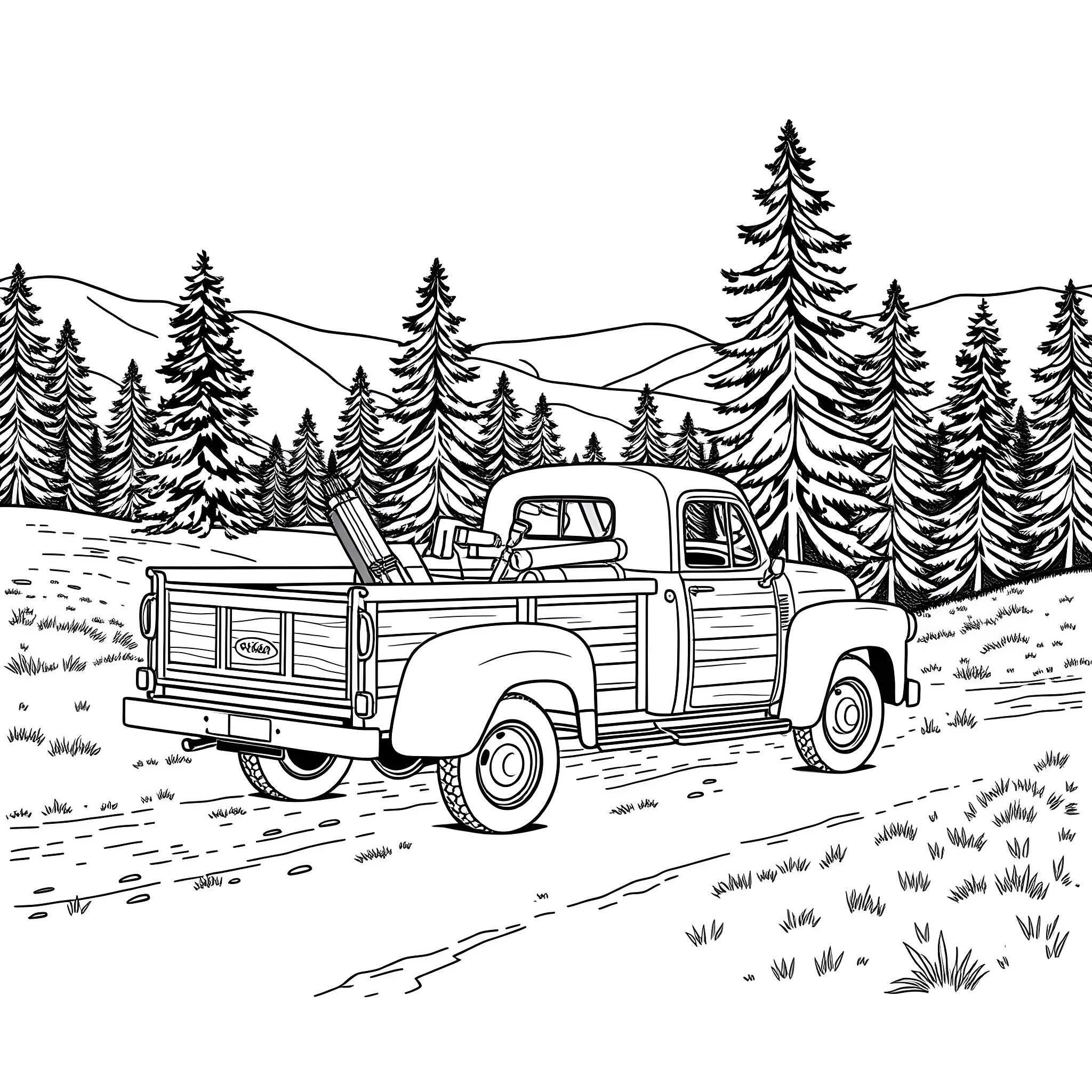 Pickup Truck Hauling Supplies in Snowy Forest Coloring Page (free black-and-white line drawing printable PDF for all, from beginners to advanced learners, including children, teens, adults, and seniors)
