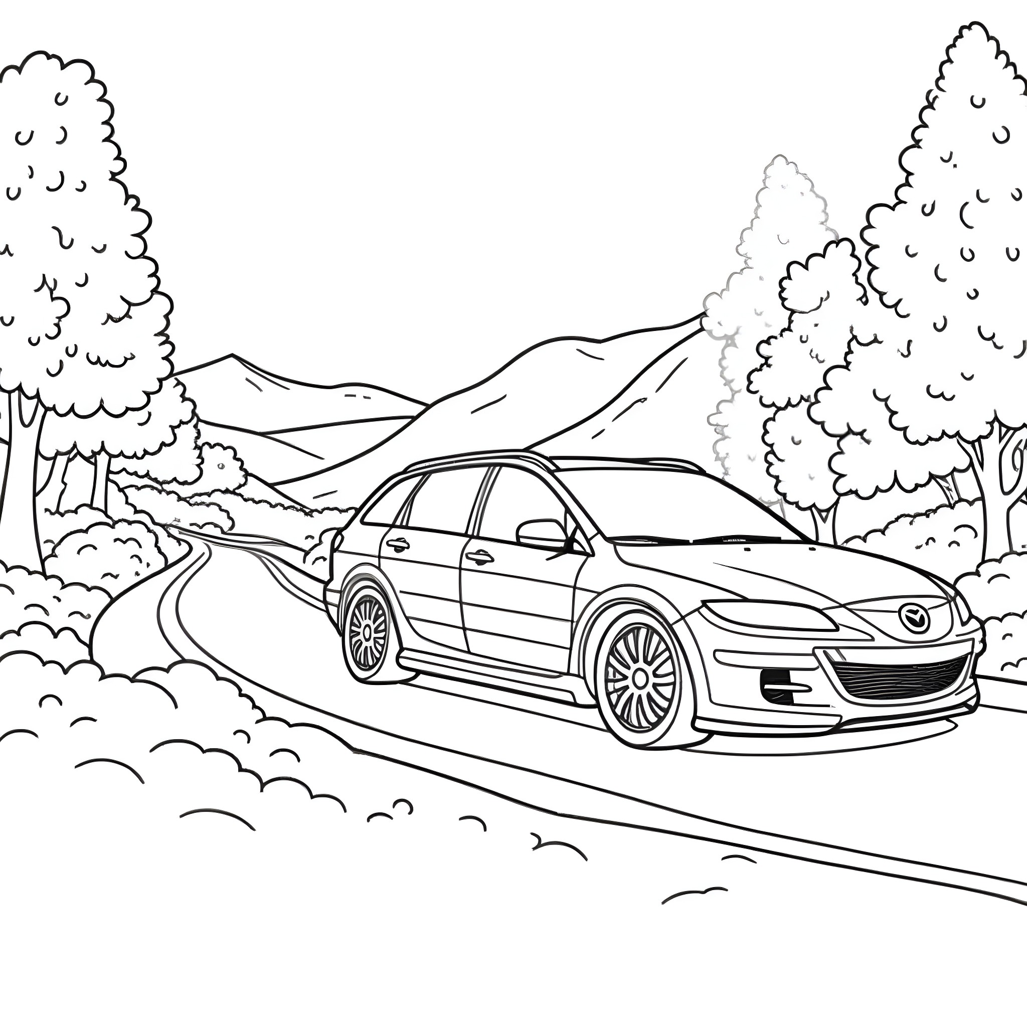 Mazdaspeed6 driving through scenic mountain landscape Coloring Page (free black-and-white line drawing printable PDF for all, from beginners to advanced learners, including children, teens, adults, and seniors)