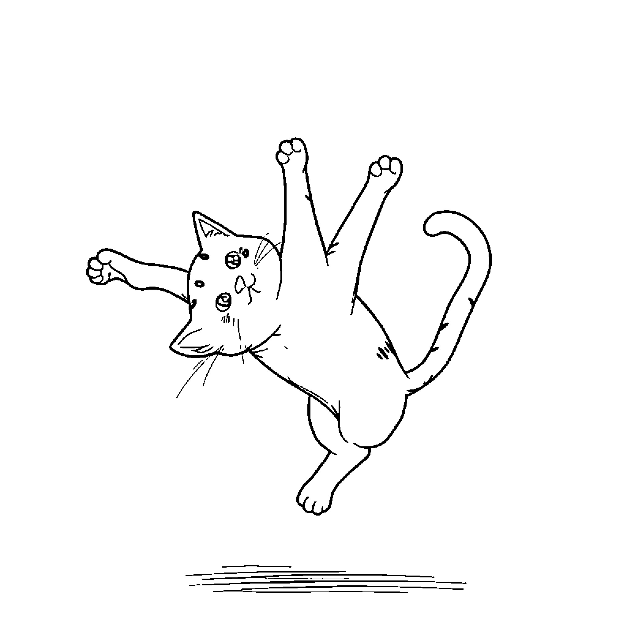 Cat stretching and playing energetically Coloring Page (free black-and-white line drawing printable PDF for all, from beginners to advanced learners, including children, teens, adults, and seniors)