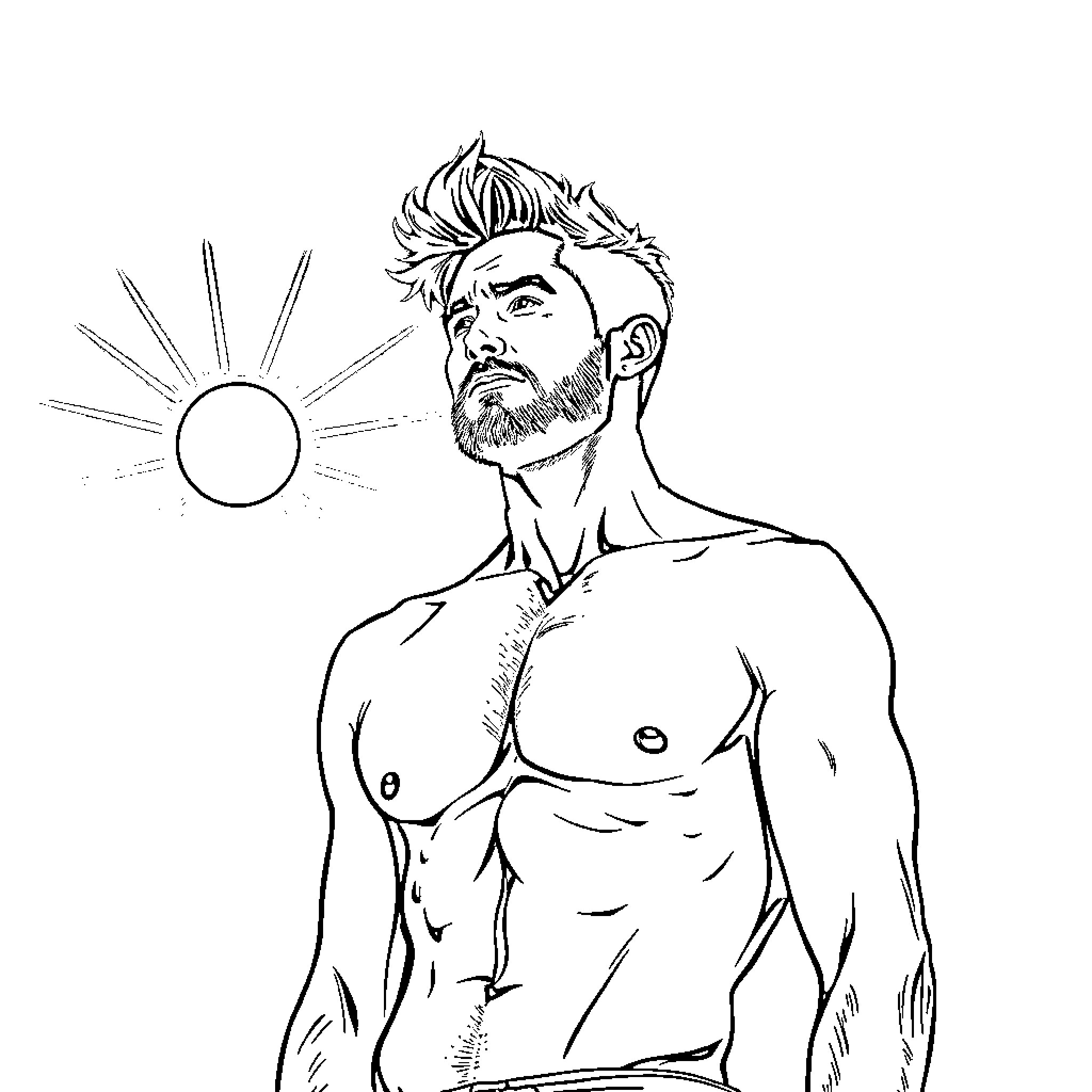 Man gazing intently at the sun Coloring Page (free black-and-white line drawing printable PDF for all, from beginners to advanced learners, including children, teens, adults, and seniors)