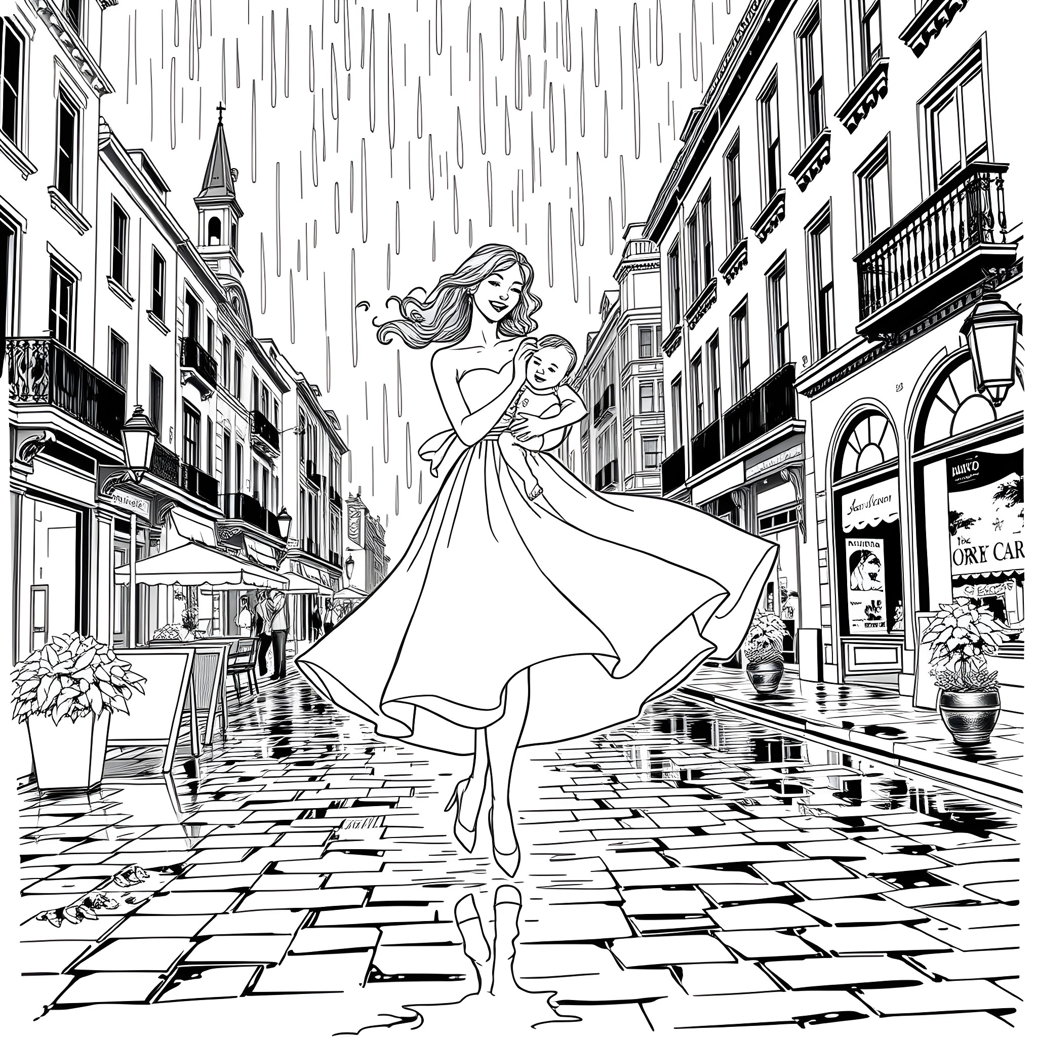 Woman dancing with child in rainy city street Coloring Page (free black-and-white line drawing printable PDF for all, from beginners to advanced learners, including children, teens, adults, and seniors)