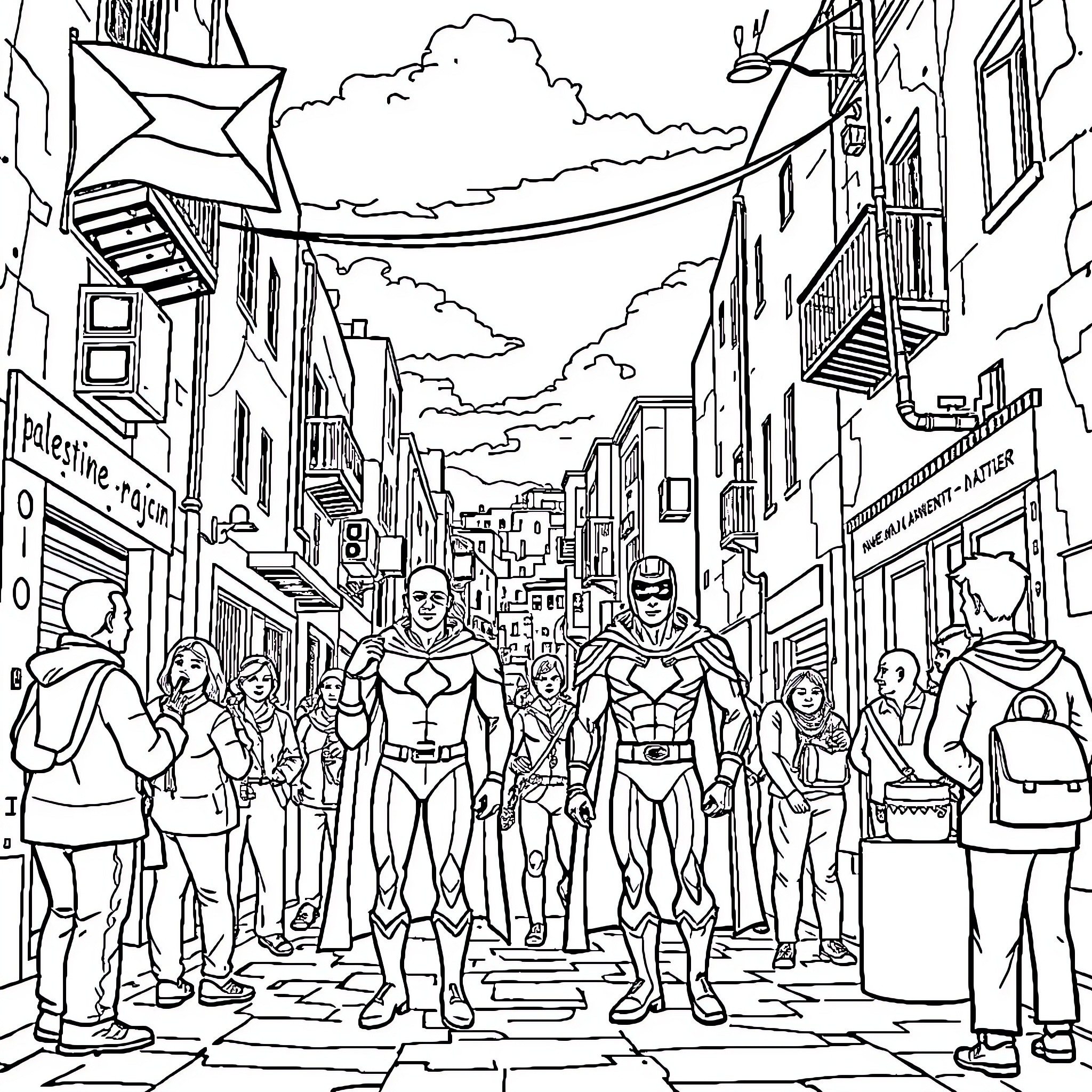 Superhero Team Patrolling the City Streets Coloring Page (free black-and-white line drawing printable PDF for all, from beginners to advanced learners, including children, teens, adults, and seniors)