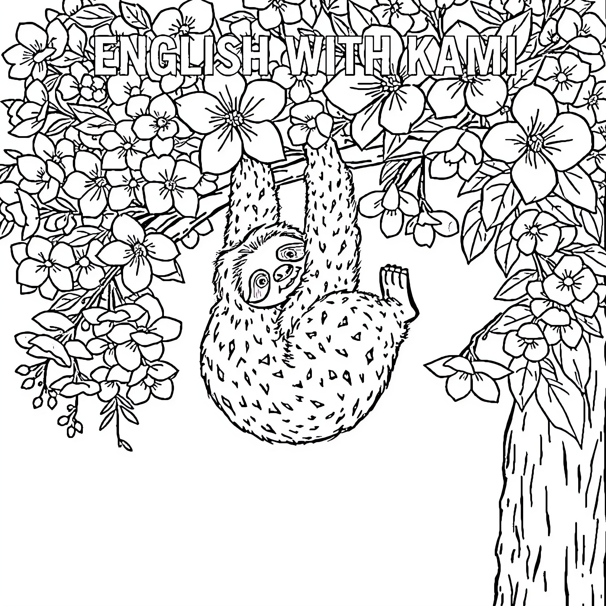 Sloth relaxing among blooming flowers Coloring Page (free black-and-white line drawing printable PDF for all, from beginners to advanced learners, including children, teens, adults, and seniors)