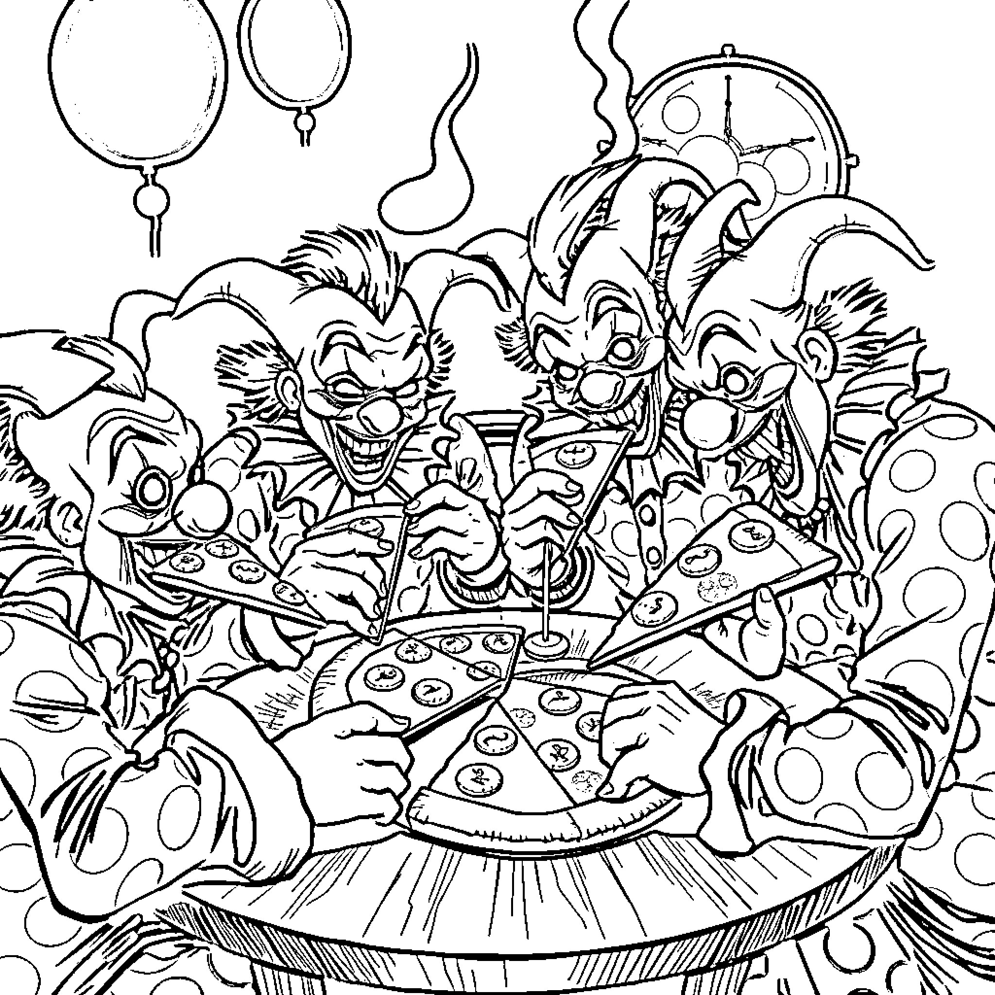 Clowns enjoying a wild pizza party Coloring Page (free black-and-white line drawing printable PDF for all, from beginners to advanced learners, including children, teens, adults, and seniors)