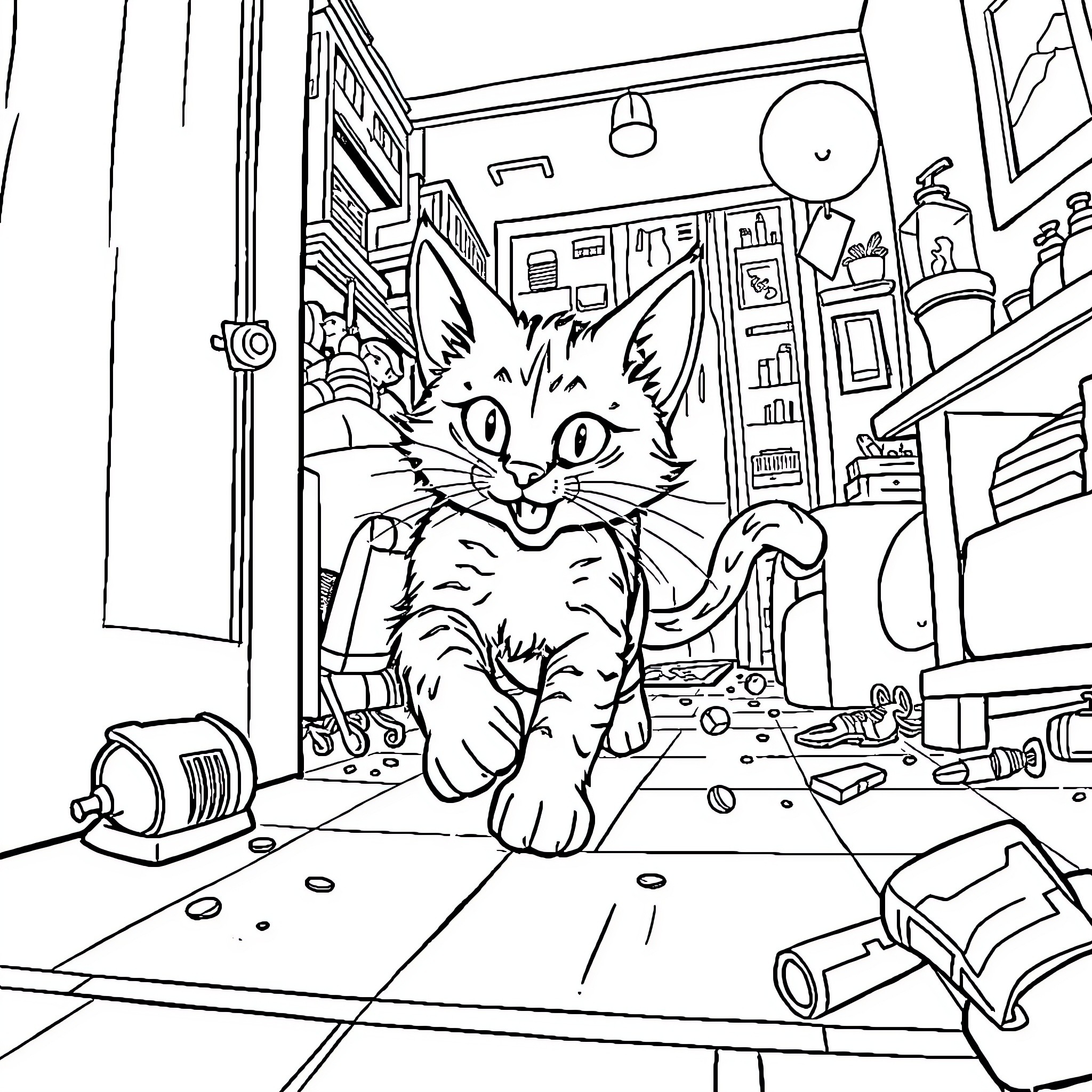 Gato Exploring Messy Room Filled with Curiosities Coloring Page (free black-and-white line drawing printable PDF for all, from beginners to advanced learners, including children, teens, adults, and seniors)