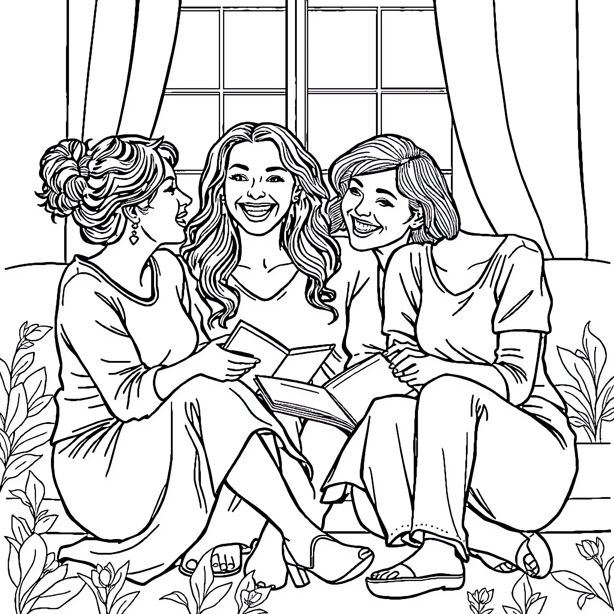 Woman enjoying a cozy gathering with friends Coloring Page (free black-and-white line drawing printable PDF for all, from beginners to advanced learners, including children, teens, adults, and seniors)