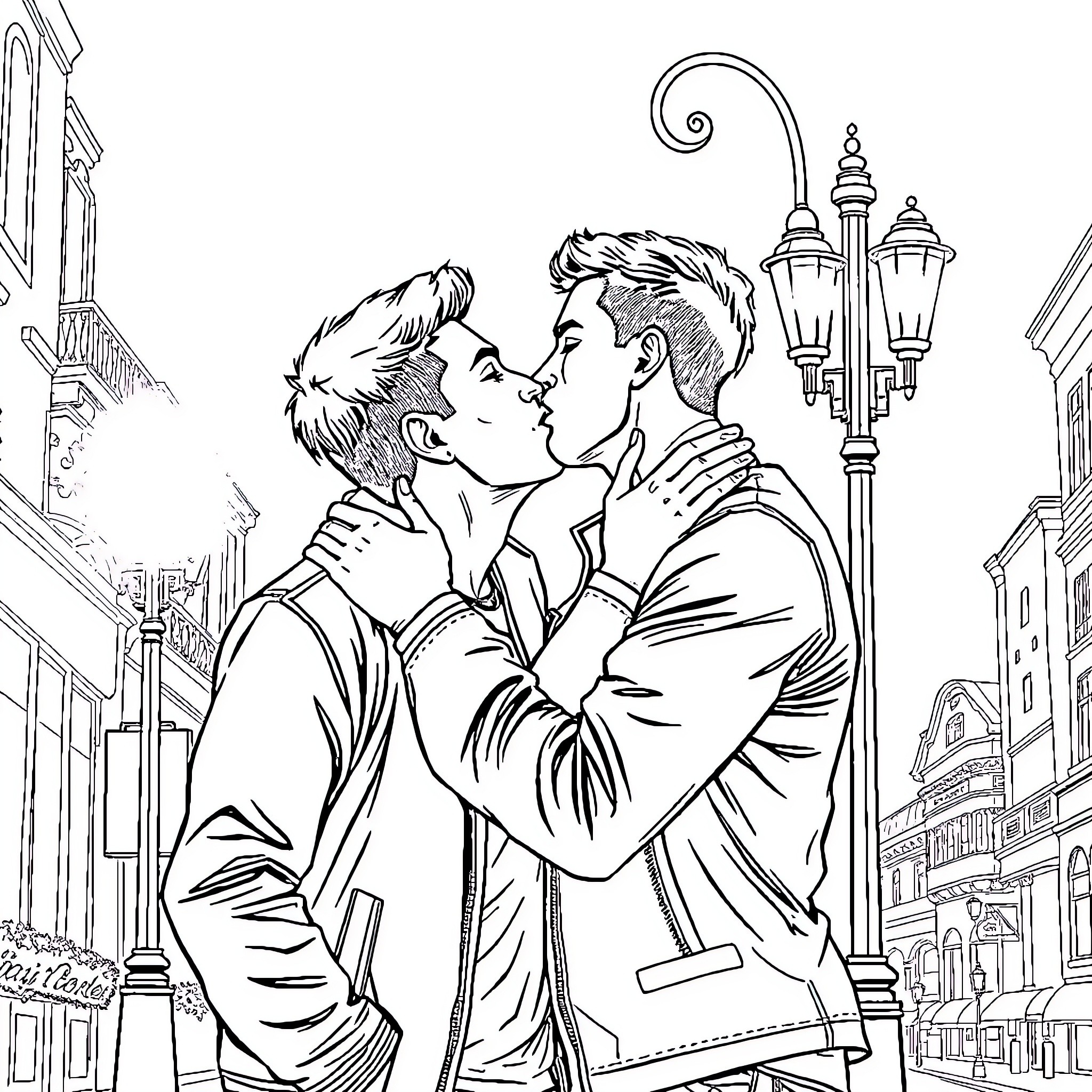Gay Men Sharing an Intimate Moment in the City Coloring Page (free black-and-white line drawing printable PDF for all, from beginners to advanced learners, including children, teens, adults, and seniors)