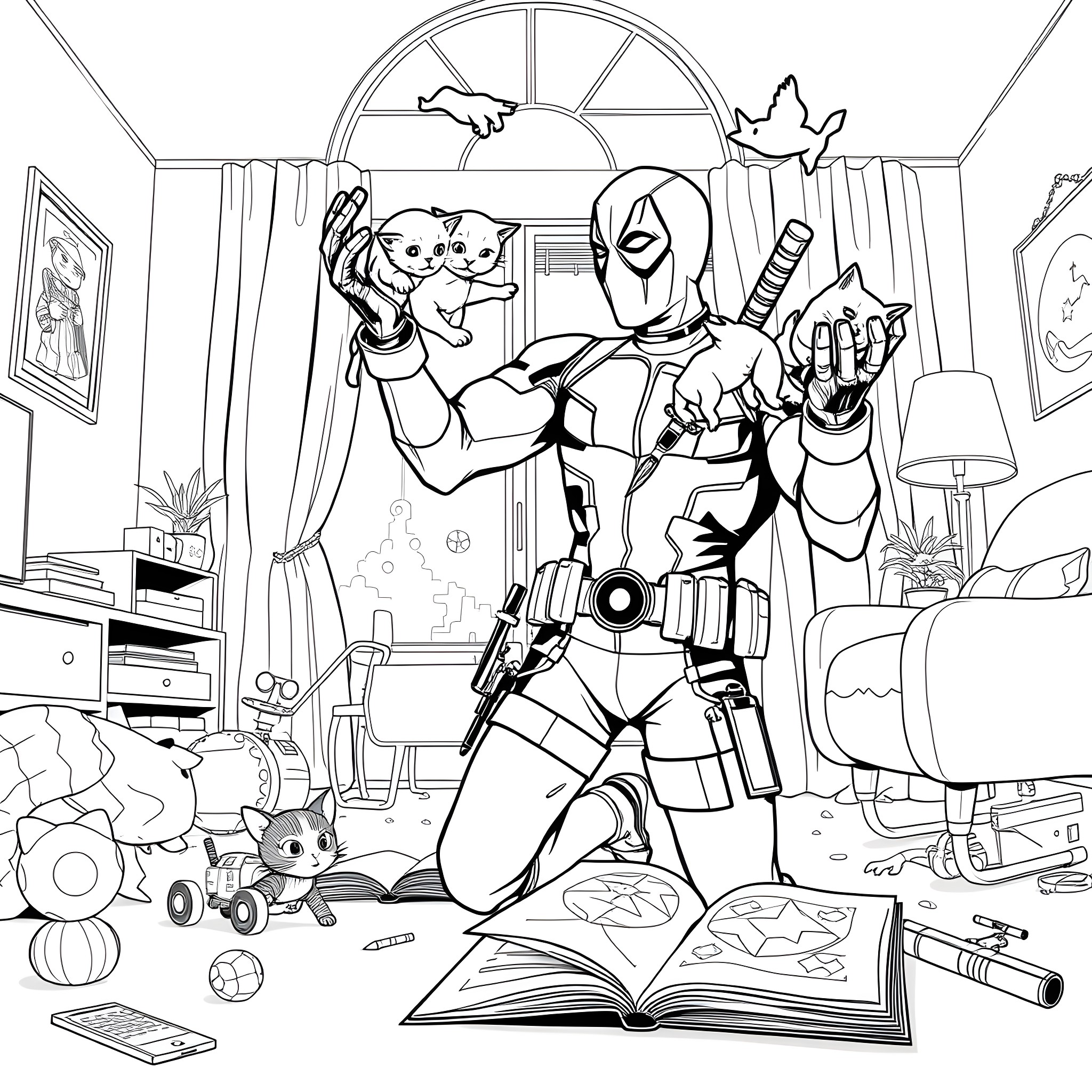 Deadpool's Playful Antics in the Messy Bedroom Coloring Page (free black-and-white line drawing printable PDF for all, from beginners to advanced learners, including children, teens, adults, and seniors)