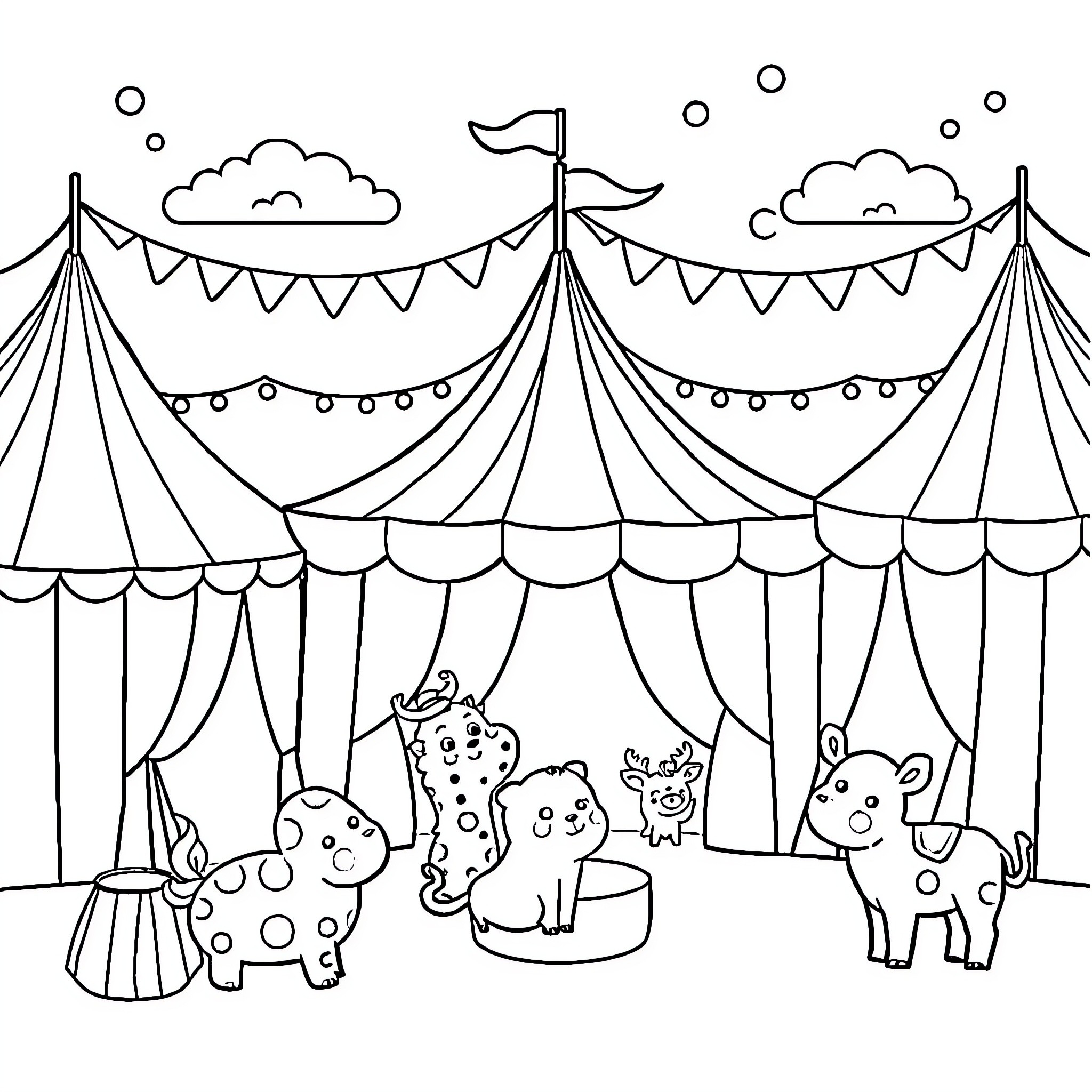 Circus with playful animals and festive decor Coloring Page (free black-and-white line drawing printable PDF for all, from beginners to advanced learners, including children, teens, adults, and seniors)