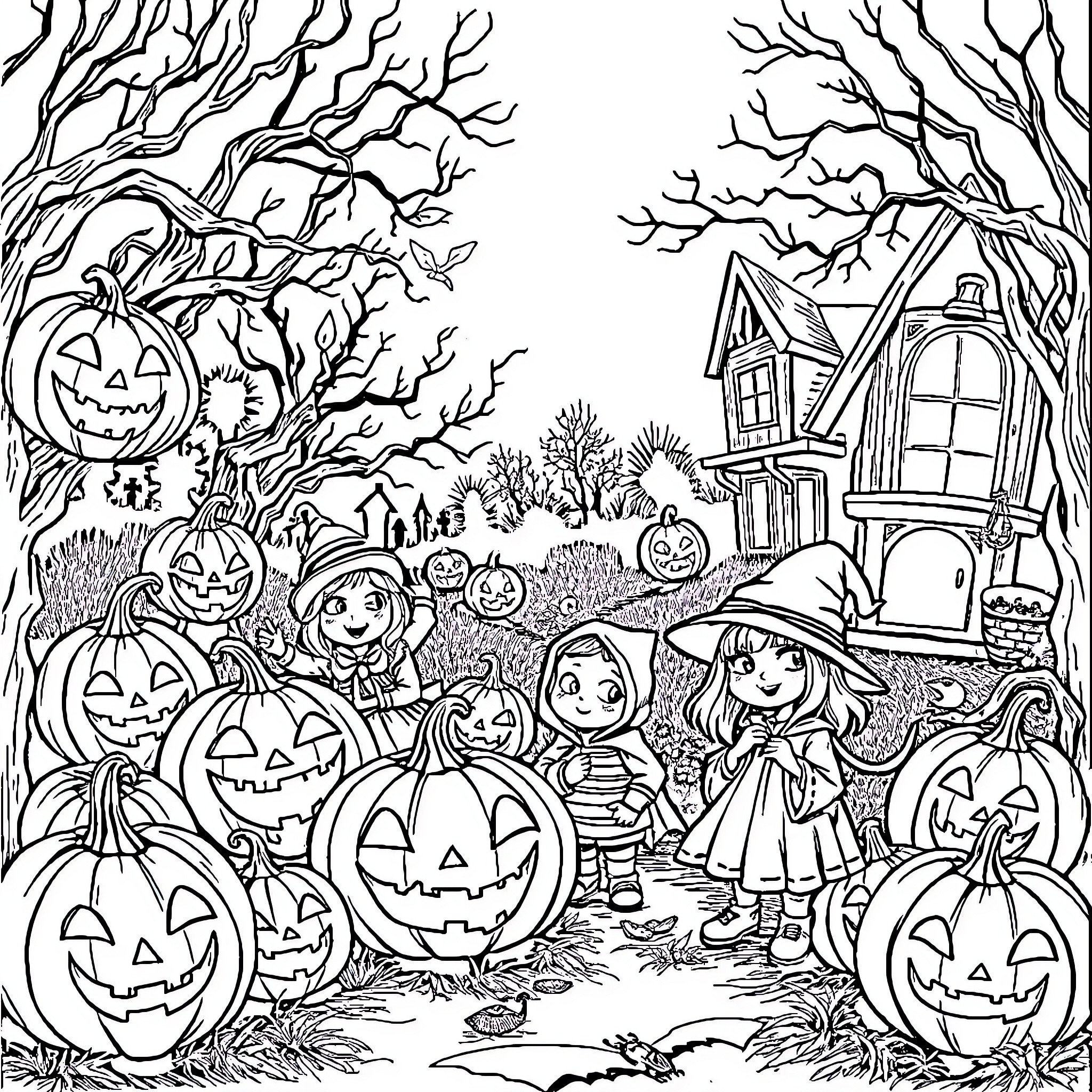Halloween Trick-or-Treating in a Spooky Forest Coloring Page (free black-and-white line drawing printable PDF for all, from beginners to advanced learners, including children, teens, adults, and seniors)