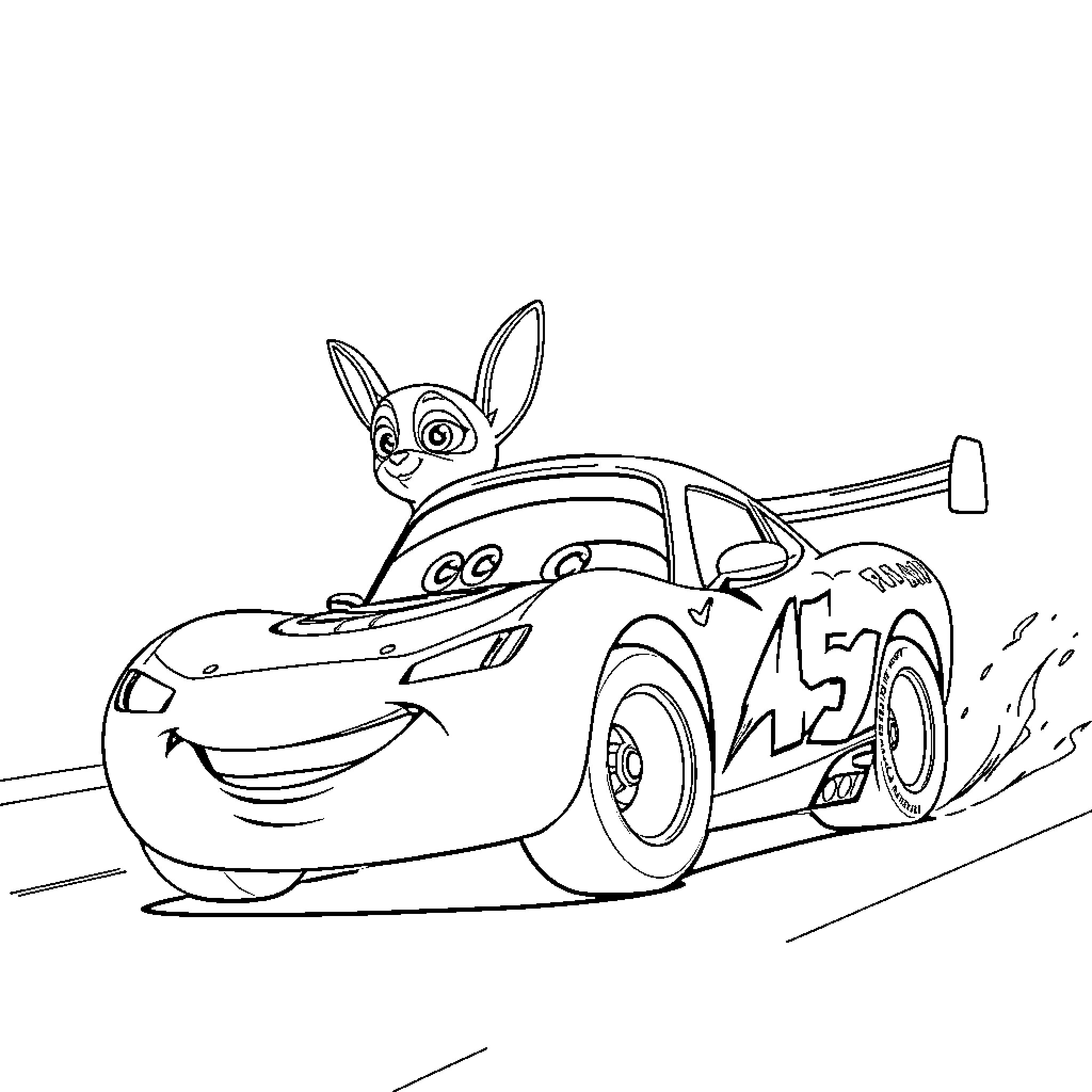 Patrouille of animated race car character Coloring Page (free black-and-white line drawing printable PDF for all, from beginners to advanced learners, including children, teens, adults, and seniors)